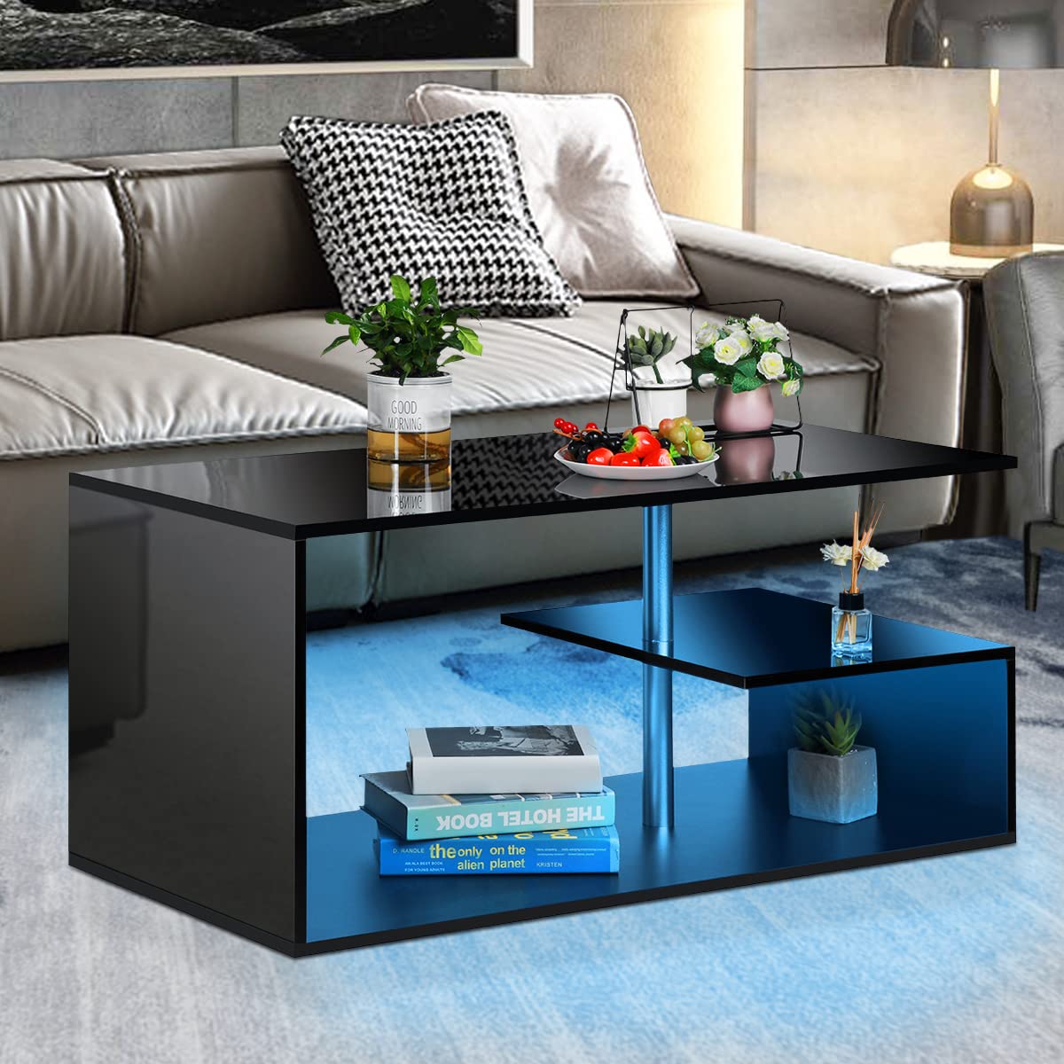 Modern Black LED Coffee Table with 3-Tier S-Shaped Open Storage Shelf - High Gloss Center Sofa Table with Adjustable Lighting - Perfect for Living Room, Home Office & Small Spaces (18