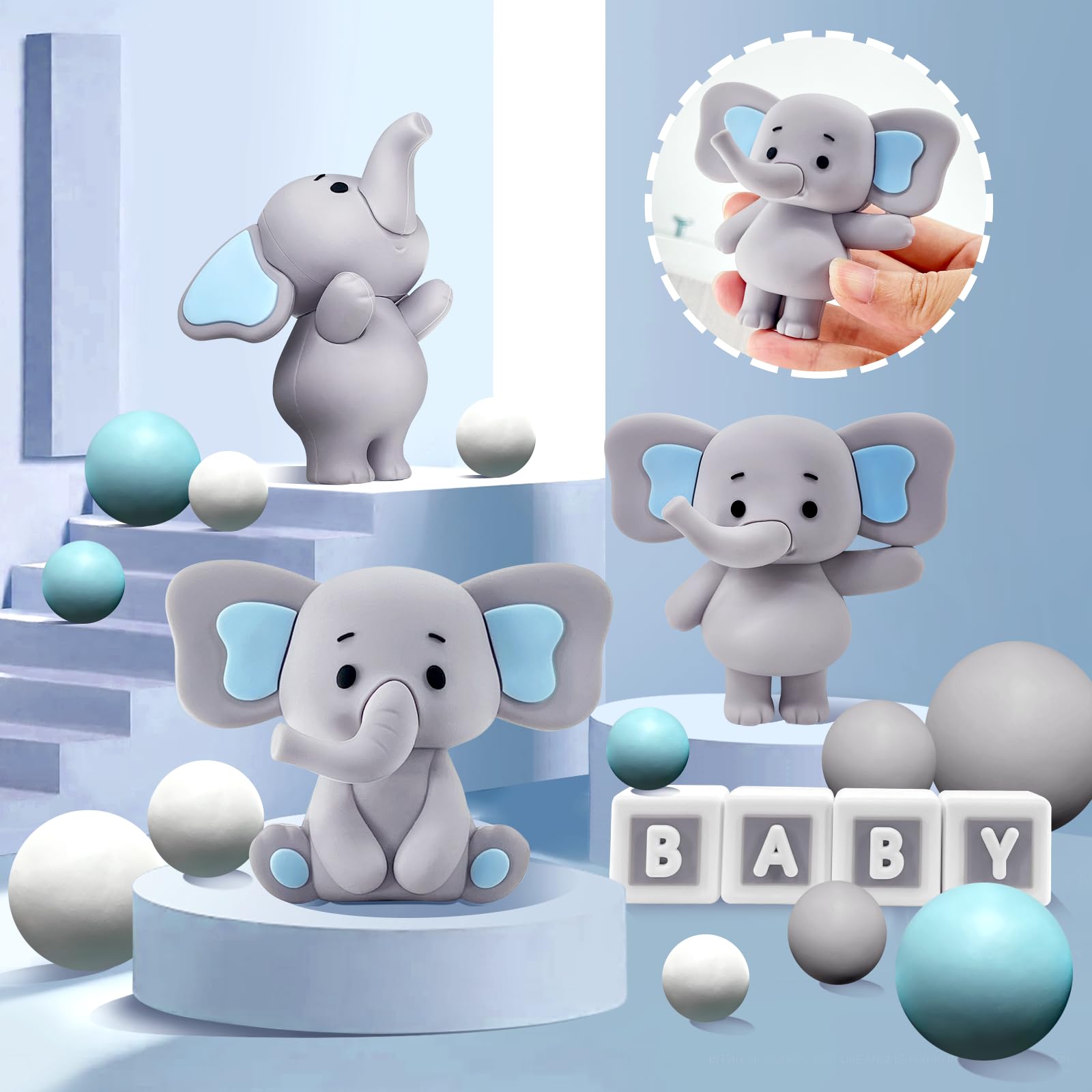 28 Pcs Elephant Cake Toppers - Blue Cake Decorations for DIY Baby Shower, Birthday Party, Boy or Girl - Perfect for Wedding, Anniversary, and Celebration Cakes
