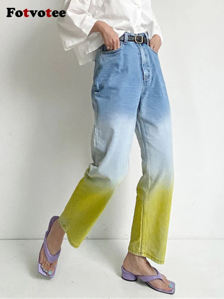 Fotvotee Women's High Waist Gradient Denim Jeans - Casual Y2K Streetwear Pants with Pockets | Trendy Harem Style for Everyday Wear & Urban Fashion Outfits