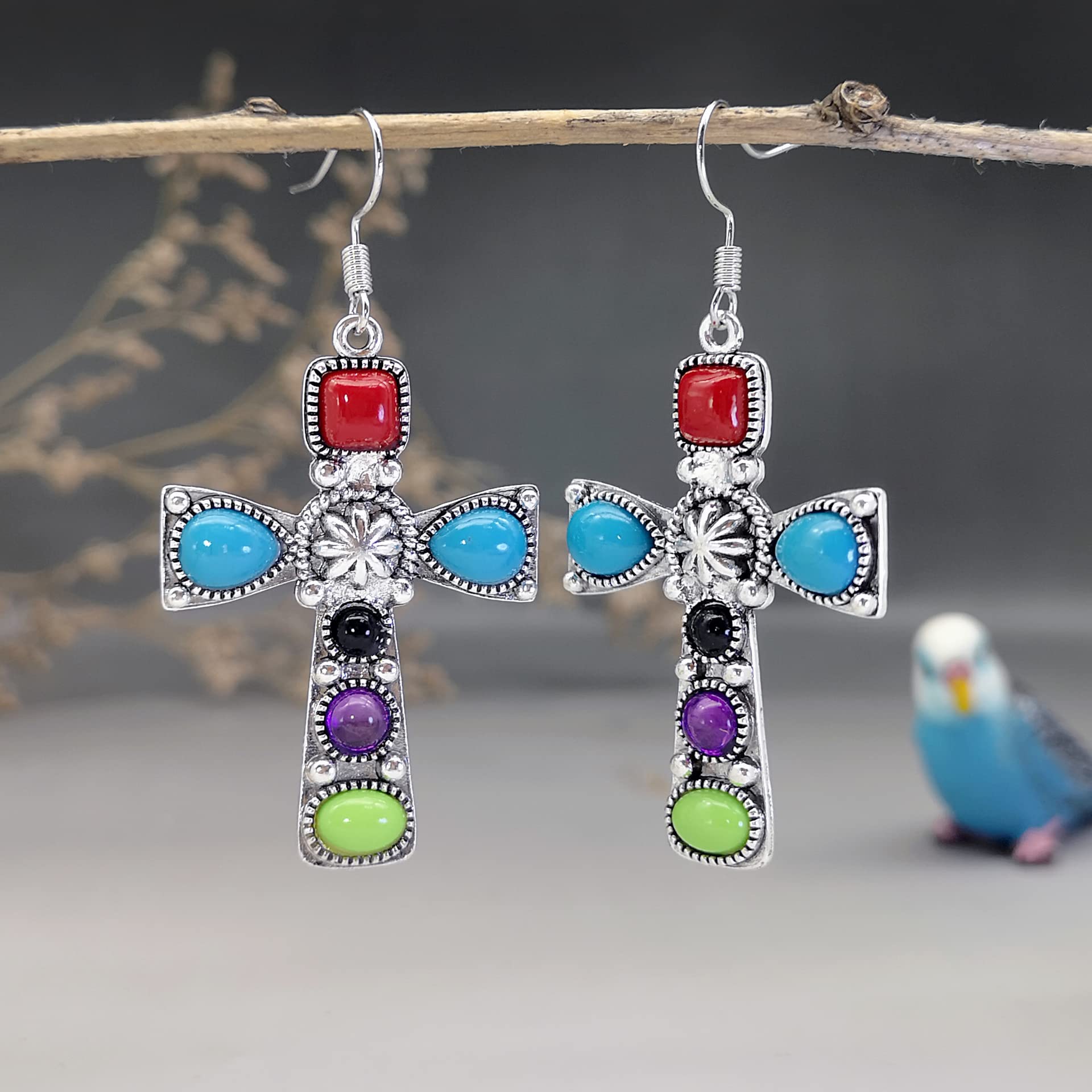 Boho Cross Metal Engraved Turquoise Amethyst Drop Earrings for Women - Handmade Gemstone Jewelry for Casual Wear, Parties & Gift Giving