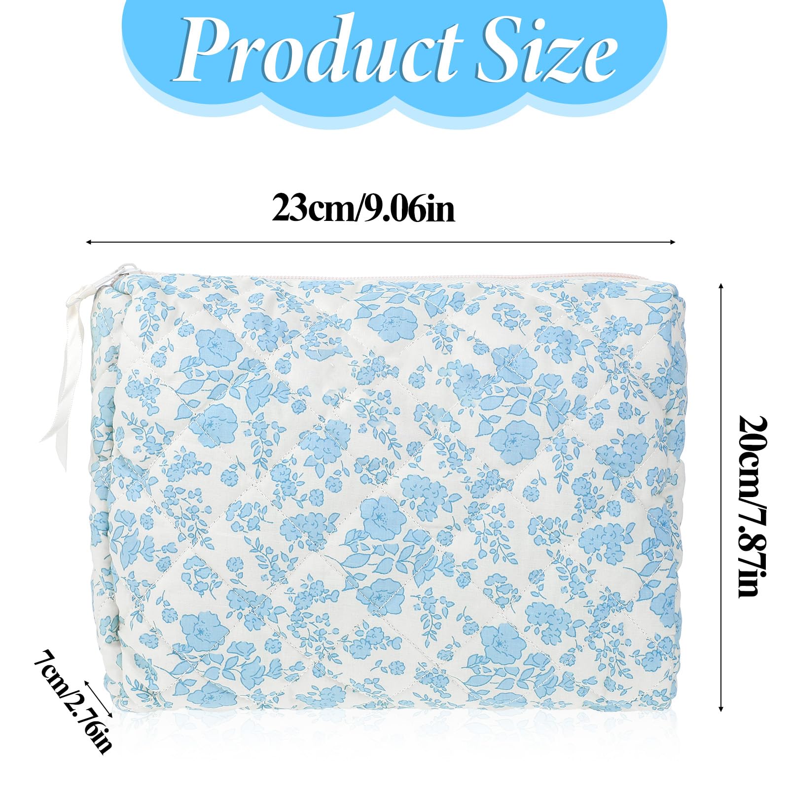 Blue Floral Makeup Bag - Large Cotton Quilted Cosmetic Pouch for Women & Girls | Travel Organizer, Toiletry Bag for Makeup Brushes & Essentials | Perfect for Vacation, Gym, and Daily Use