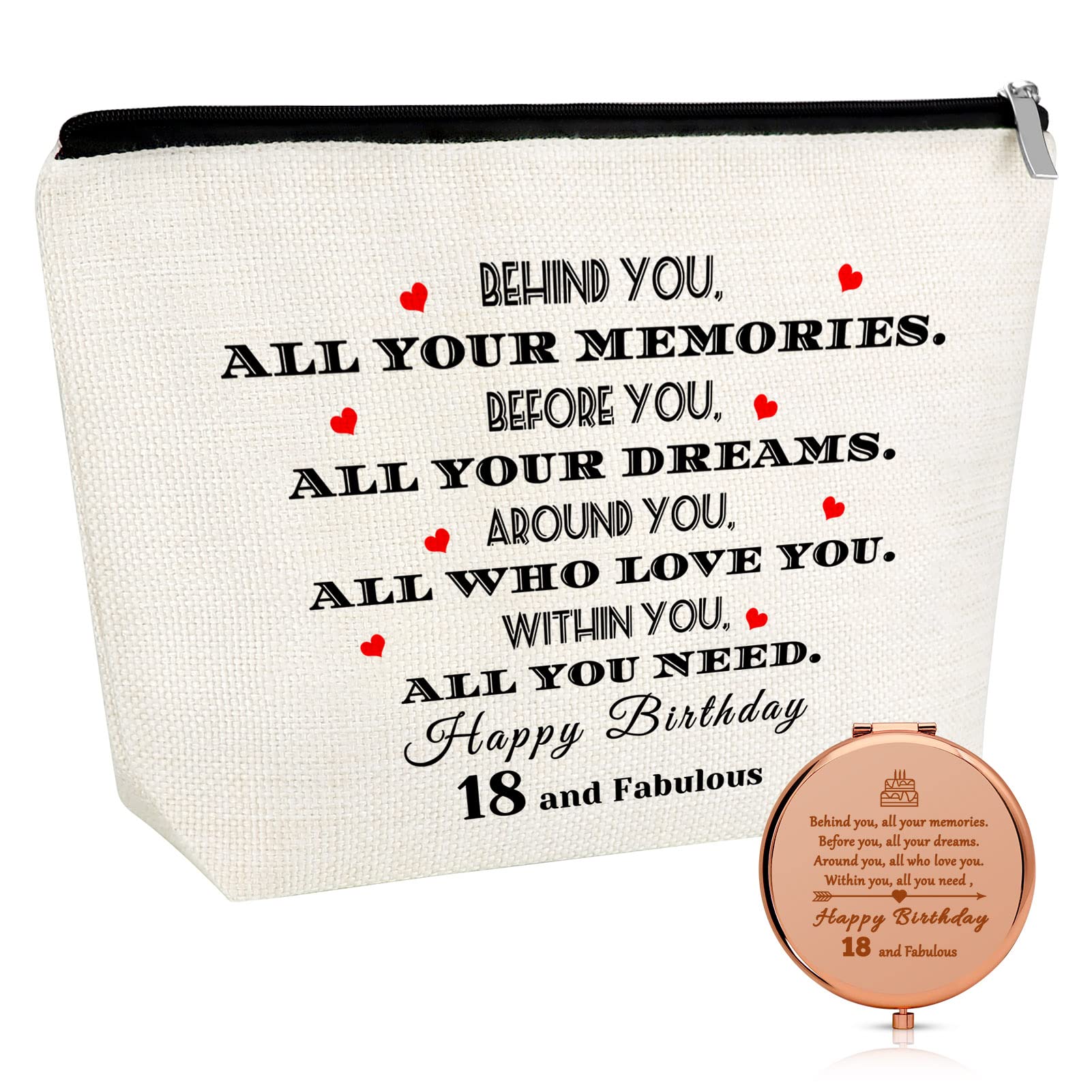Sweet 18th Birthday Gifts for Girls - Makeup Bag with Mirror for Women, Daughter, Sister & Best Friends - Inspirational Graduation & Encouragement Gift Set - Perfect for Travel, College & Daily Cosmetics Organization