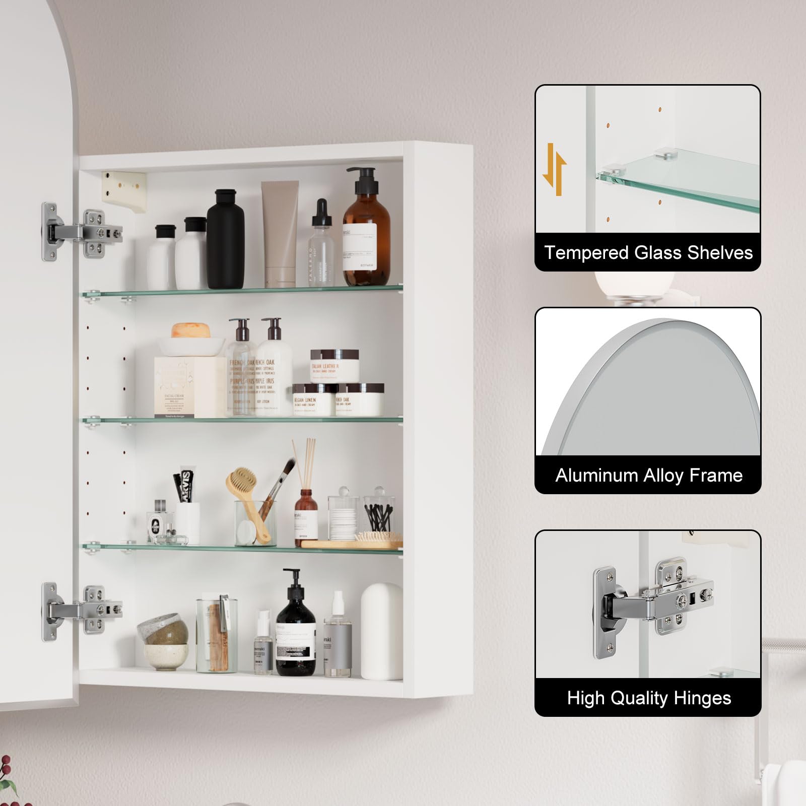 Arched Medicine Cabinet with Mirror - Brushed Nickel Bathroom Storage Cabinet, Wall Mounted 20x36 Inch - Perfect for Small Bathrooms & Vanity Areas