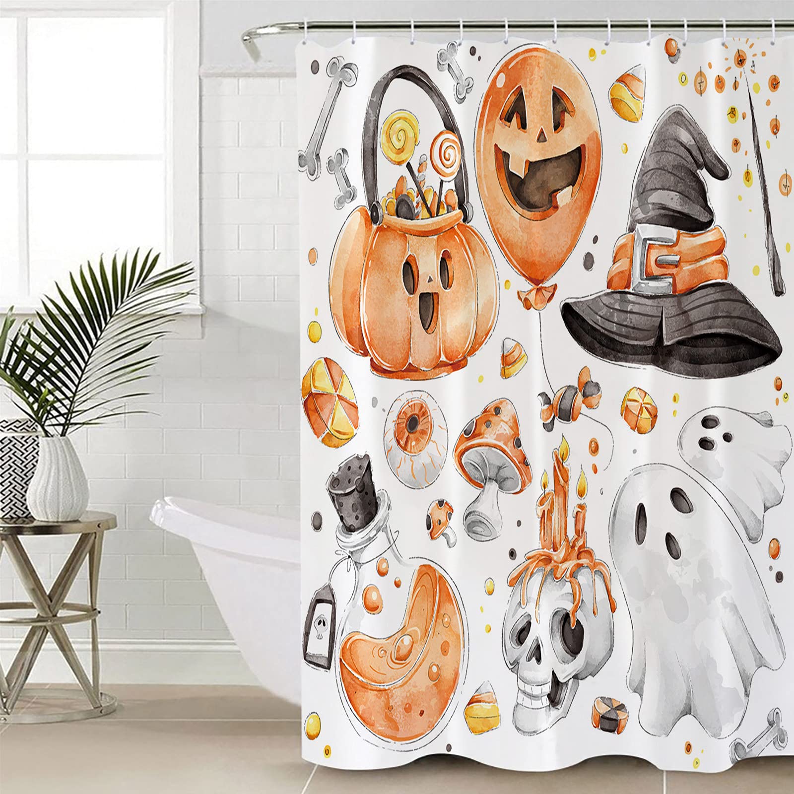 Halloween Orange Balloon Ghost Skeleton Hat Fabric Shower Curtain Set with Hooks - 72x72 Inch Waterproof Bathroom Decor for Spooky Holiday Theme (Perfect for Halloween Parties, Haunted House Decor & Gothic Bathroom Styling)