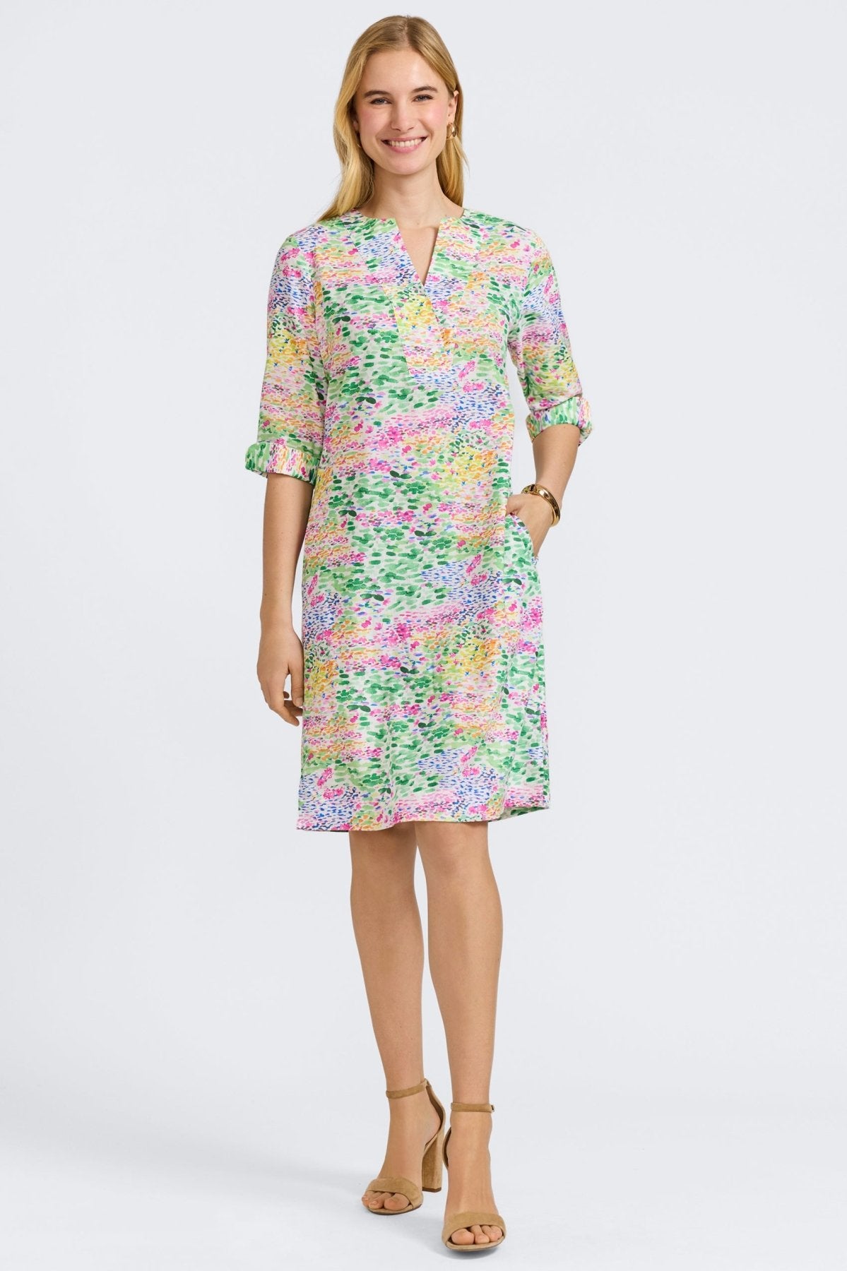 Vena Linen Impressionist Floral 3/4 Sleeve Dress - Women's Boho Summer Midi Dress for Beach, Garden Parties & Casual Outings