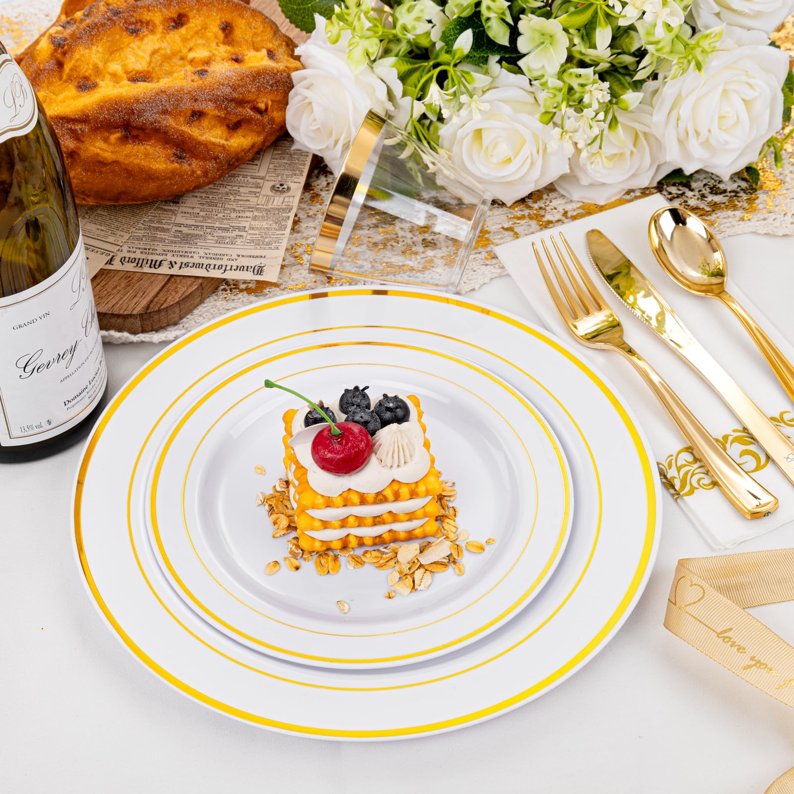 350-Piece Gold Disposable Dinnerware Set for 50 Guests - 100 Plastic Plates, 50 Paper Napkins, 50 Cups & 50 Silverware - Elegant Party & Wedding Tableware for Banquets, Bridal Showers, Anniversary Celebrations and Special Events