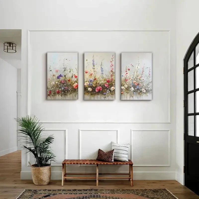 3pcs Farmhouse Wall Decor - Hazy Flower Metal Print Artwork Ready to Hang | Rustic Home Decor for Living Room, Bedroom & Kitchen
