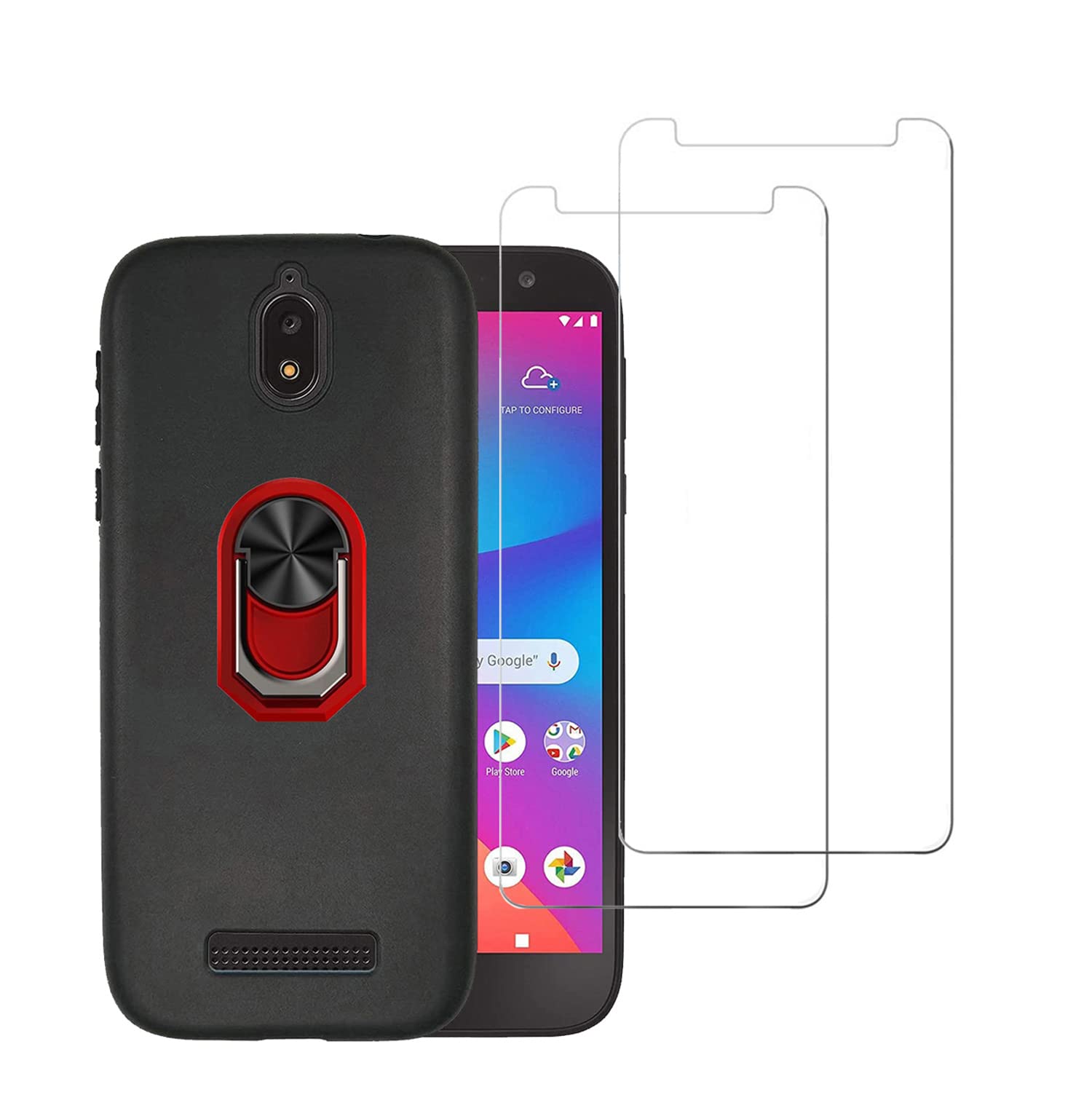 **DAMONDY 2-Pack Tempered Glass Screen Protector & Full Body Shockproof Case with Kickstand & 360 Ring Holder for BLU View 2 B130DL - Red | Perfect for Work, Travel & Outdoor Protection**