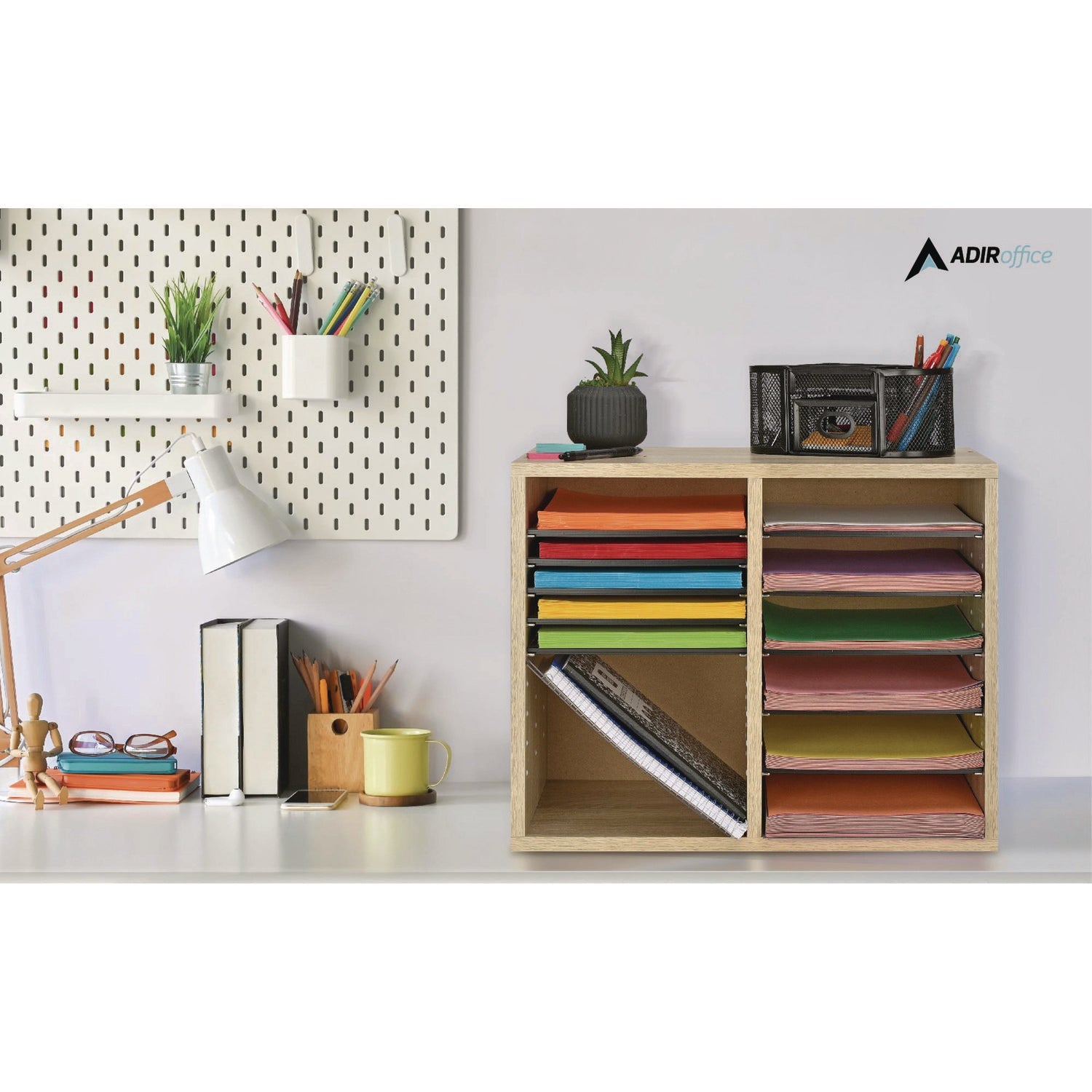 AdirOffice Wooden Adjustable 12-Section Letter Size Literature Organizer - Medium Oak (20