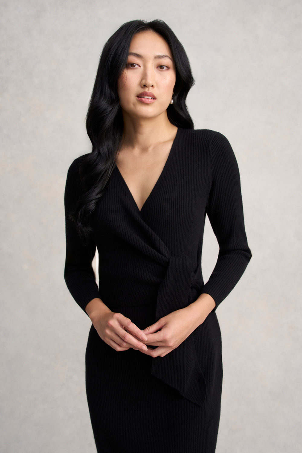 Wrap Detail Knit Dress for Women - Elegant Black Stretchy Bodycon Dress for Night Out, Party, or Office Wear