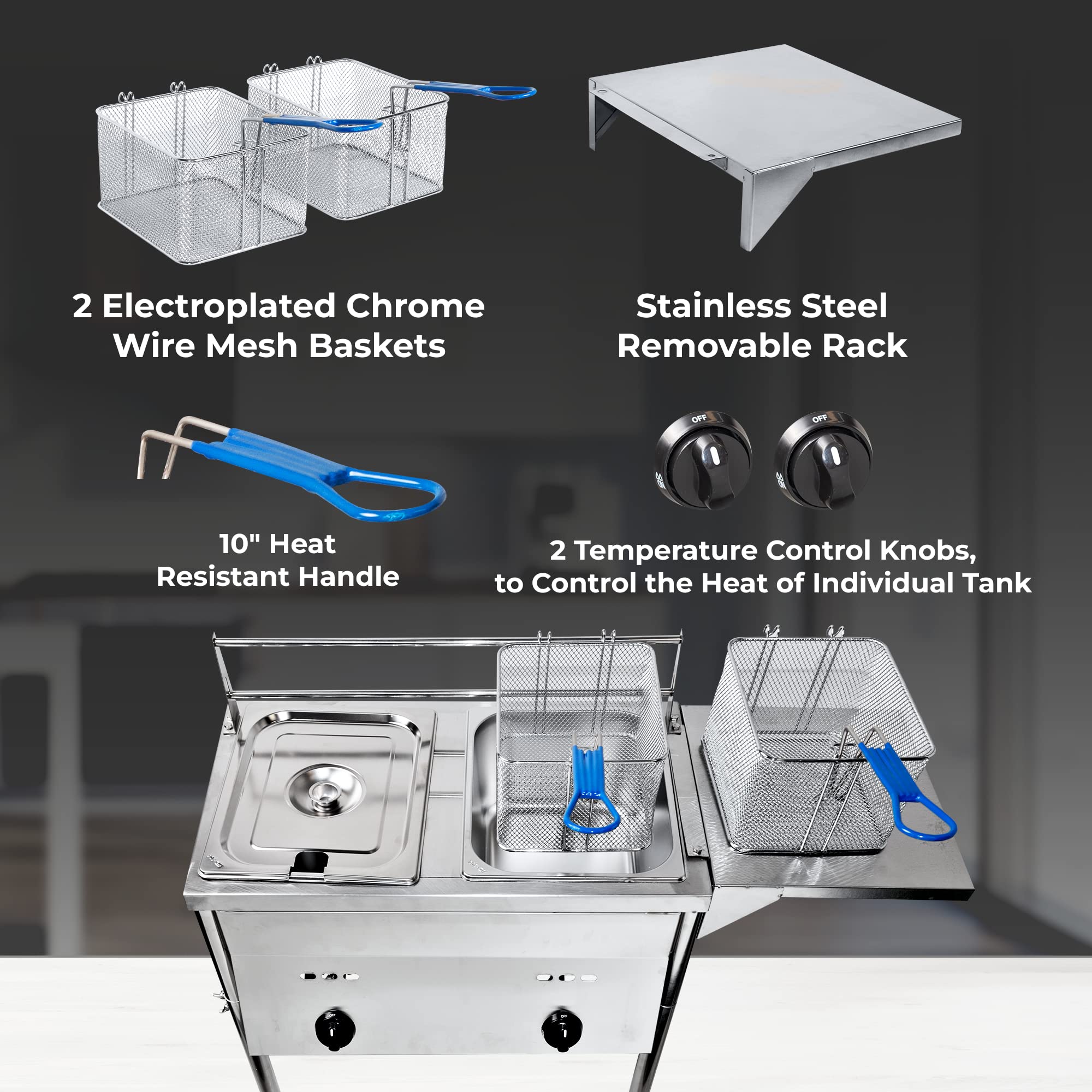 Commercial Grade Two Tank Outdoor Propane Deep Fryer with Thermometer - 2 Stainless Steel Baskets & Lid Covers - High Capacity Oil Tank with Adjustable Regulating Knobs | Perfect for Backyard BBQs, Tailgating, and Outdoor Cooking Events