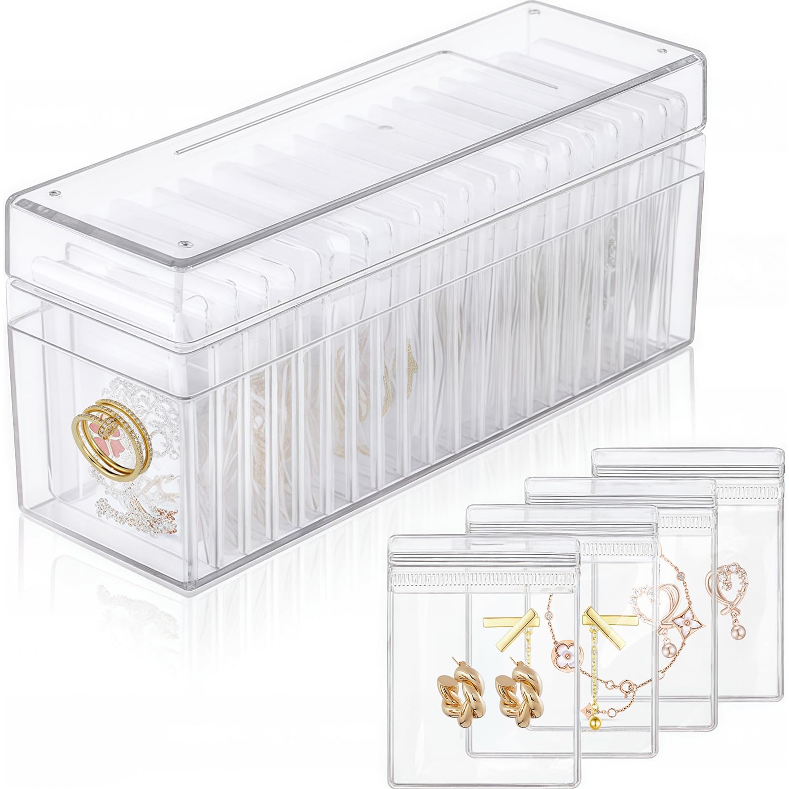 LETGO Clear Acrylic Jewelry Box Organizer with 20 Anti-Tarnish Bags - Portable Jewelry Storage for Earrings, Rings & Necklaces | Perfect Travel Jewelry Case for Women & Gift Idea