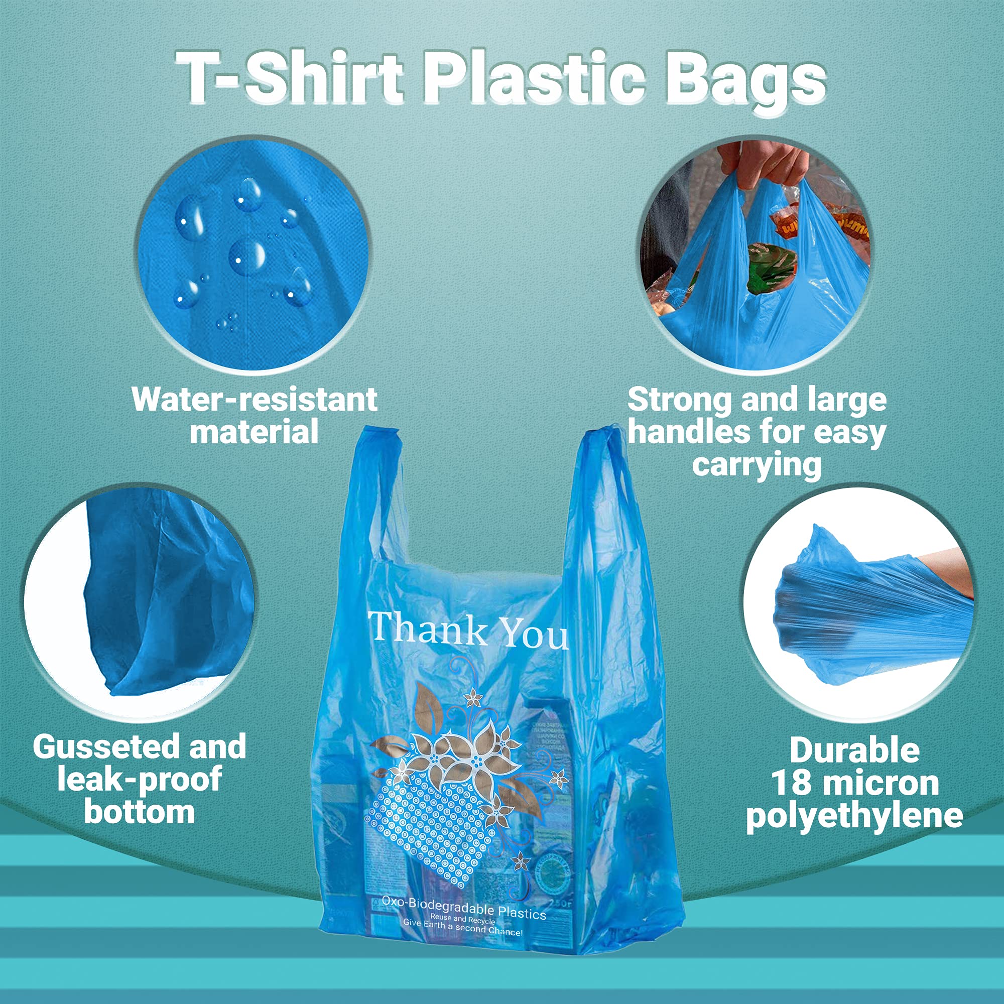 APQ 500 Pack Jumbo Thank You Plastic Bags 16x8x26 Inches - Blue Thick 18 Micron T-Shirt Carry Out Bags | Eco-Friendly Preprinted Retail Shopping Bags for Grocery Stores, Boutiques & Gift Shops