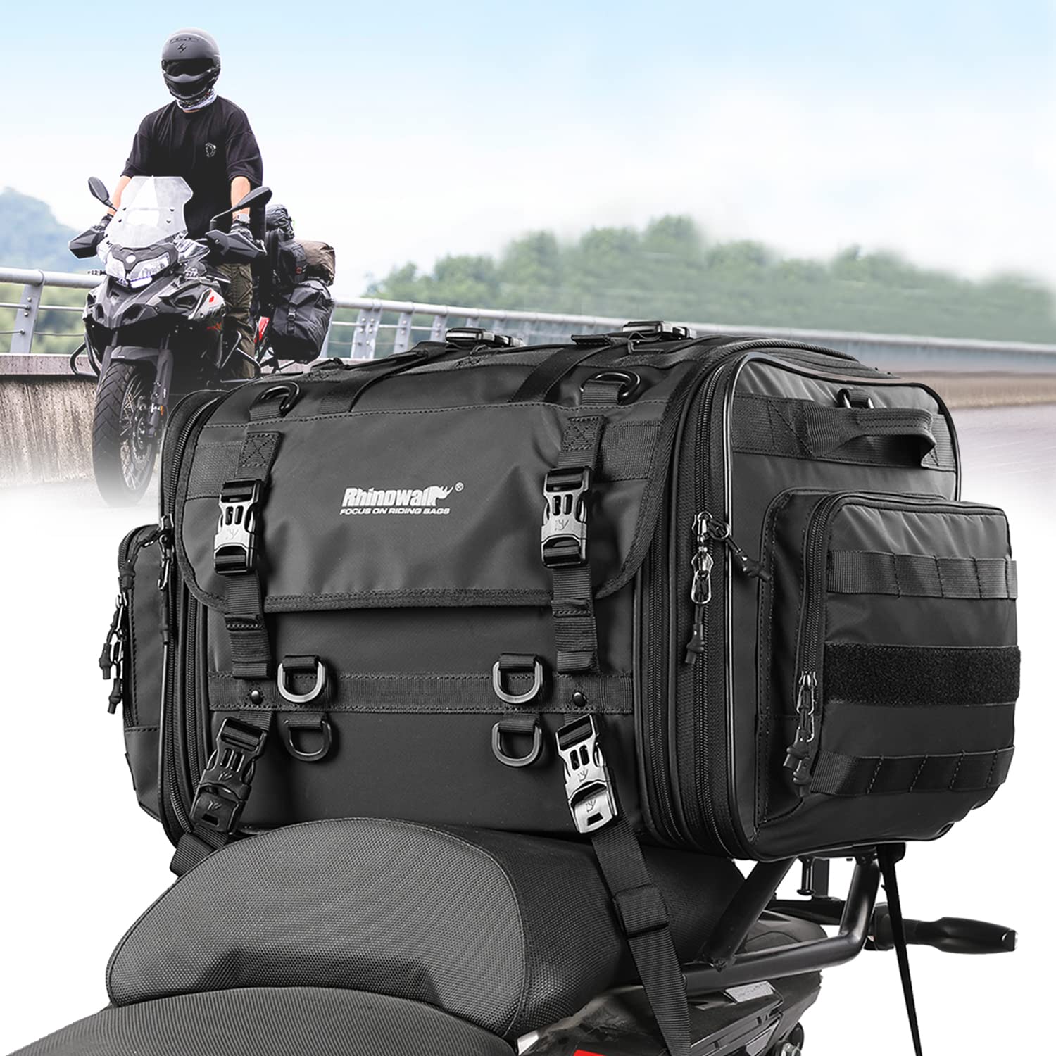 Rhinowalk 60L Expandable Waterproof Motorcycle Tail Bag - All Weather Travel Luggage with Sissy Bar Straps for Trunk & Rack (Black) | Perfect for Long Distance Rides, Commuting & Adventure Touring