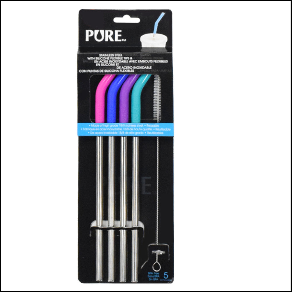 Eco-Friendly PURE Stainless Steel Straws with Silicone Tips - 4 Pack Reusable Metal Drinking Straws for Smoothies, Iced Coffee & Cocktails - BPA-Free & Dishwasher Safe
