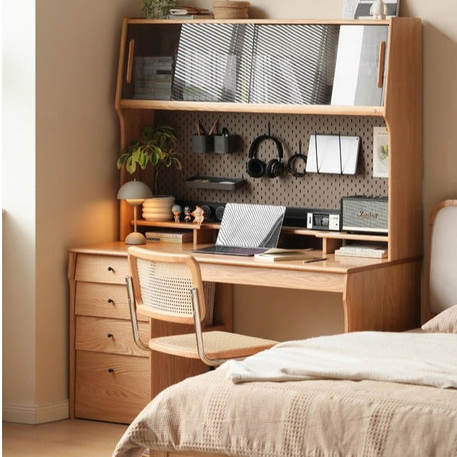 Solid Oak & Cherry Wood Desk Bookshelf with Warm LED Lighting - Perfect for Home Office, Study Room, and Library Organization