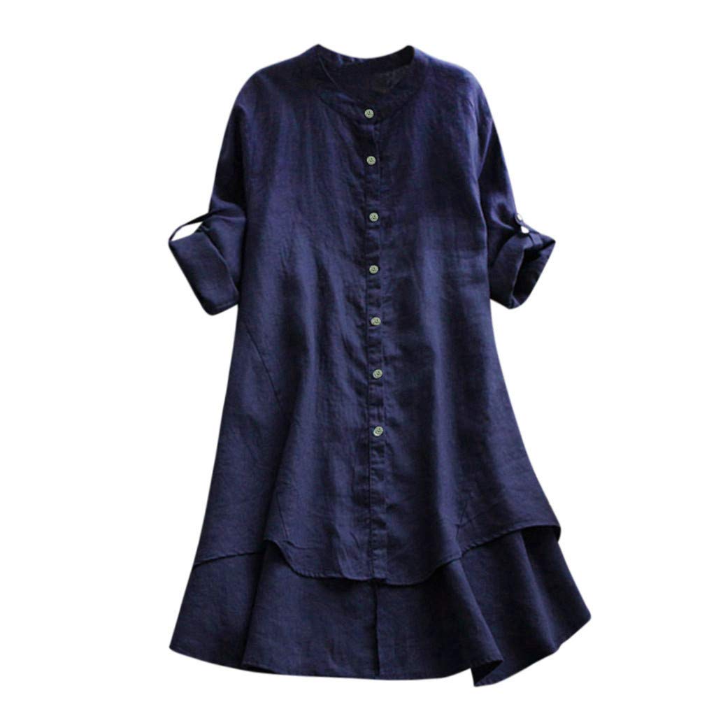 Women's Long Linen Blouse - Loose Casual Button Down Shirt with Eyelet Sleeve Detail | Perfect for Summer Outfits, Beach Cover-ups & Boho Fashion Styles