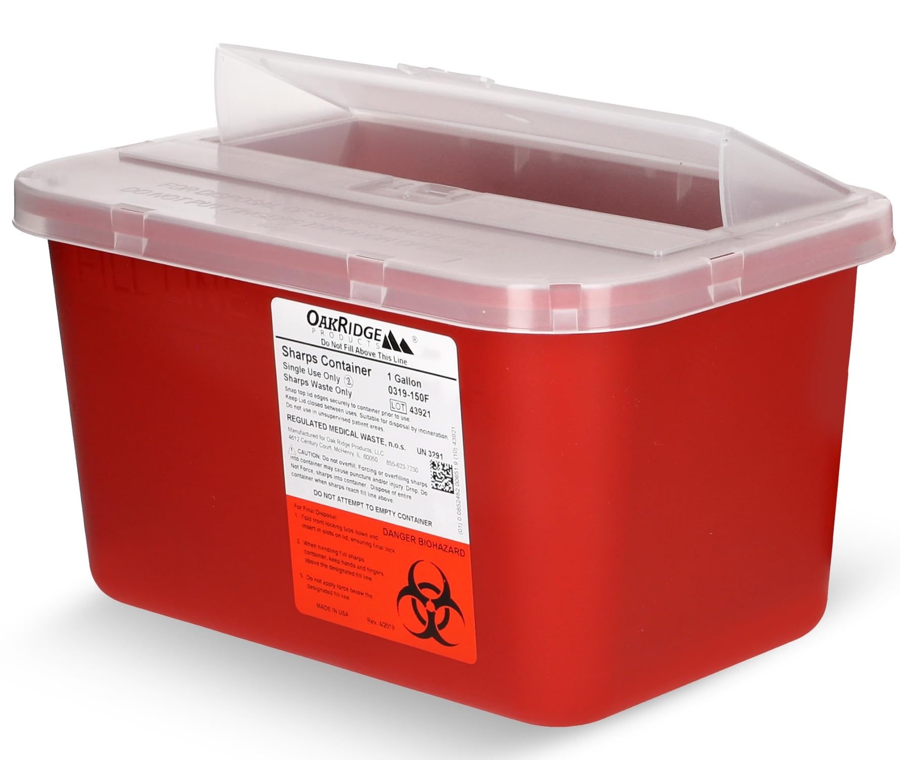 Oakridge Products 1 Gallon Large Sharps Container (24-Pack) - CDC Certified Biohazard Needle & Syringe Disposal with Pop-Up Lid for Home & Professional Use | Safe Medical Waste Management for Clinics, Hospitals & Diabetic Care