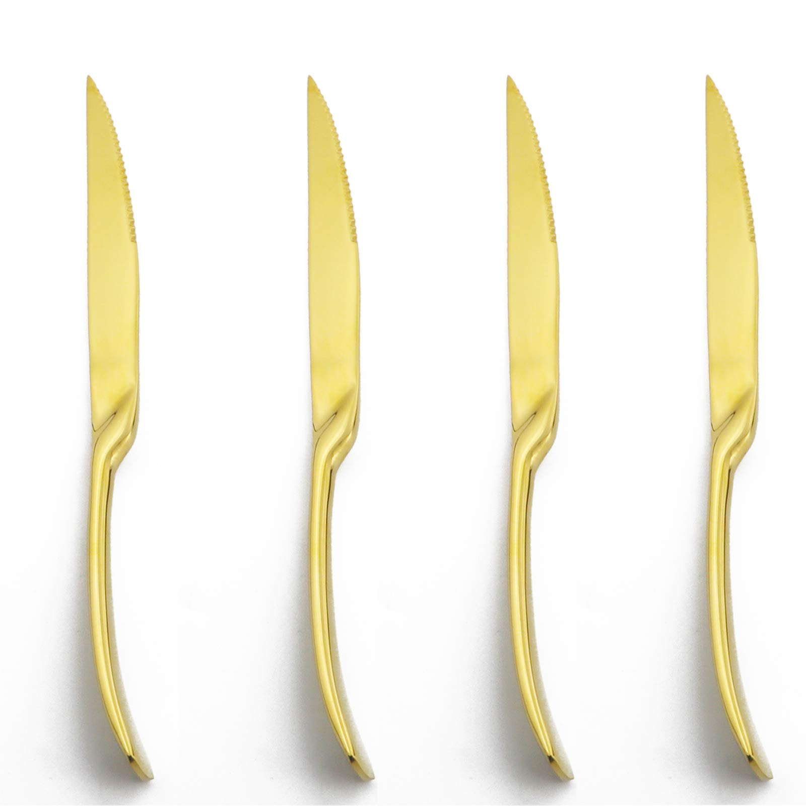 Premium 4-Piece Stainless Steel Steak Knife Set with Gold Handles - Razor Sharp Serrated Blades & Mirror Polish - Perfect for Steak Dinners, BBQs & Fine Dining - Dishwasher Safe Kitchen Cutlery