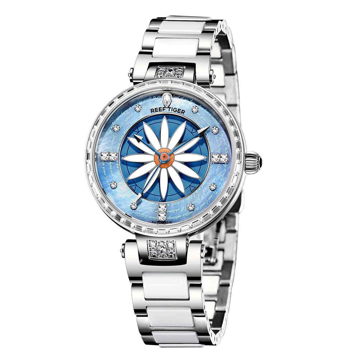 REEF TIGER RGA1599 Women's Luxury Automatic Watch with Diamond Bezel - Elegant Lily Design for Business, Party & Everyday Wear