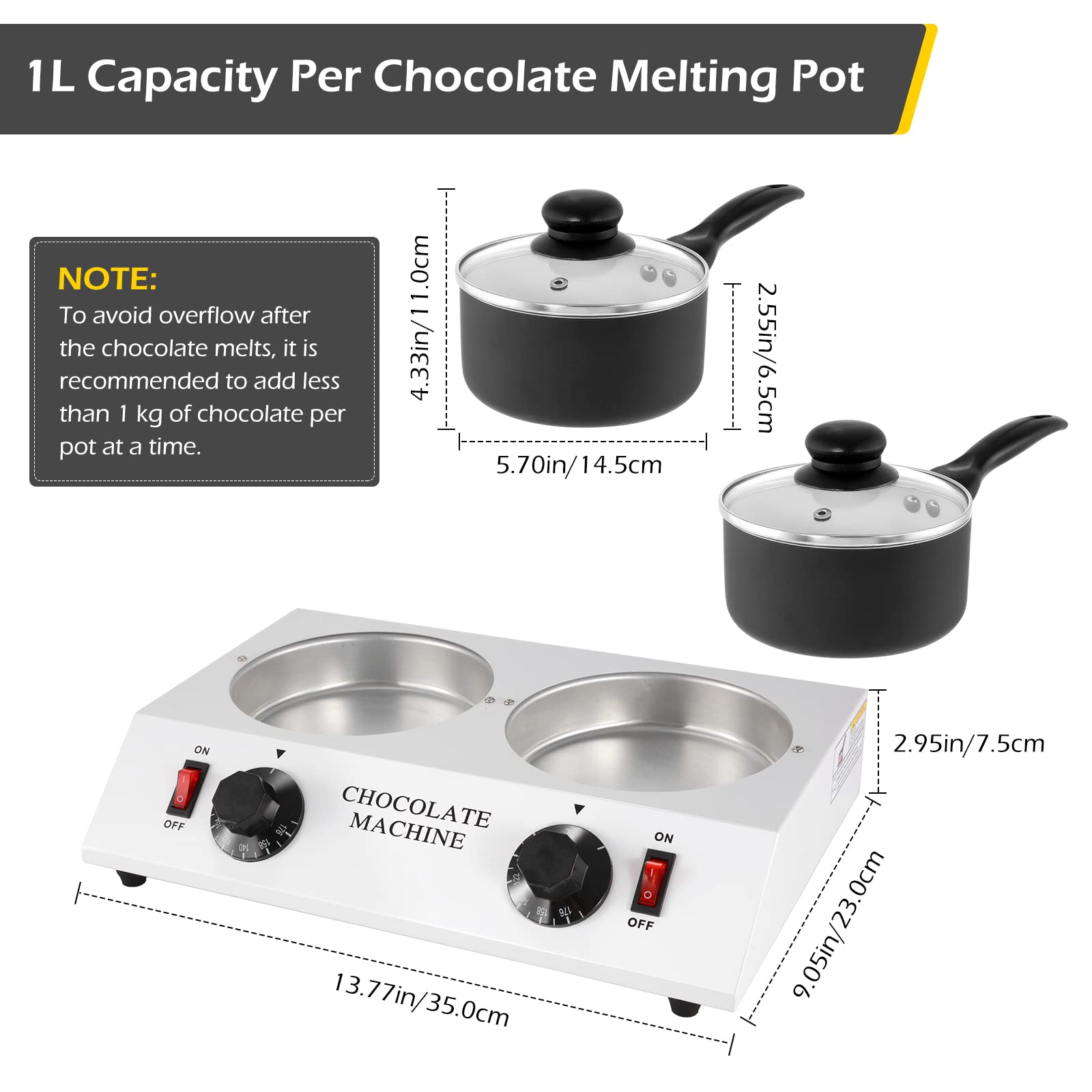 Dyna-Living 80W Electric Chocolate Melting Pot - Dual Chocolate Tempering Machine for Home Use, Perfect for Melting Chocolate, Making Chocolate Fondue & DIY Candy (Ideal for Valentine's Day, Parties & Baking)