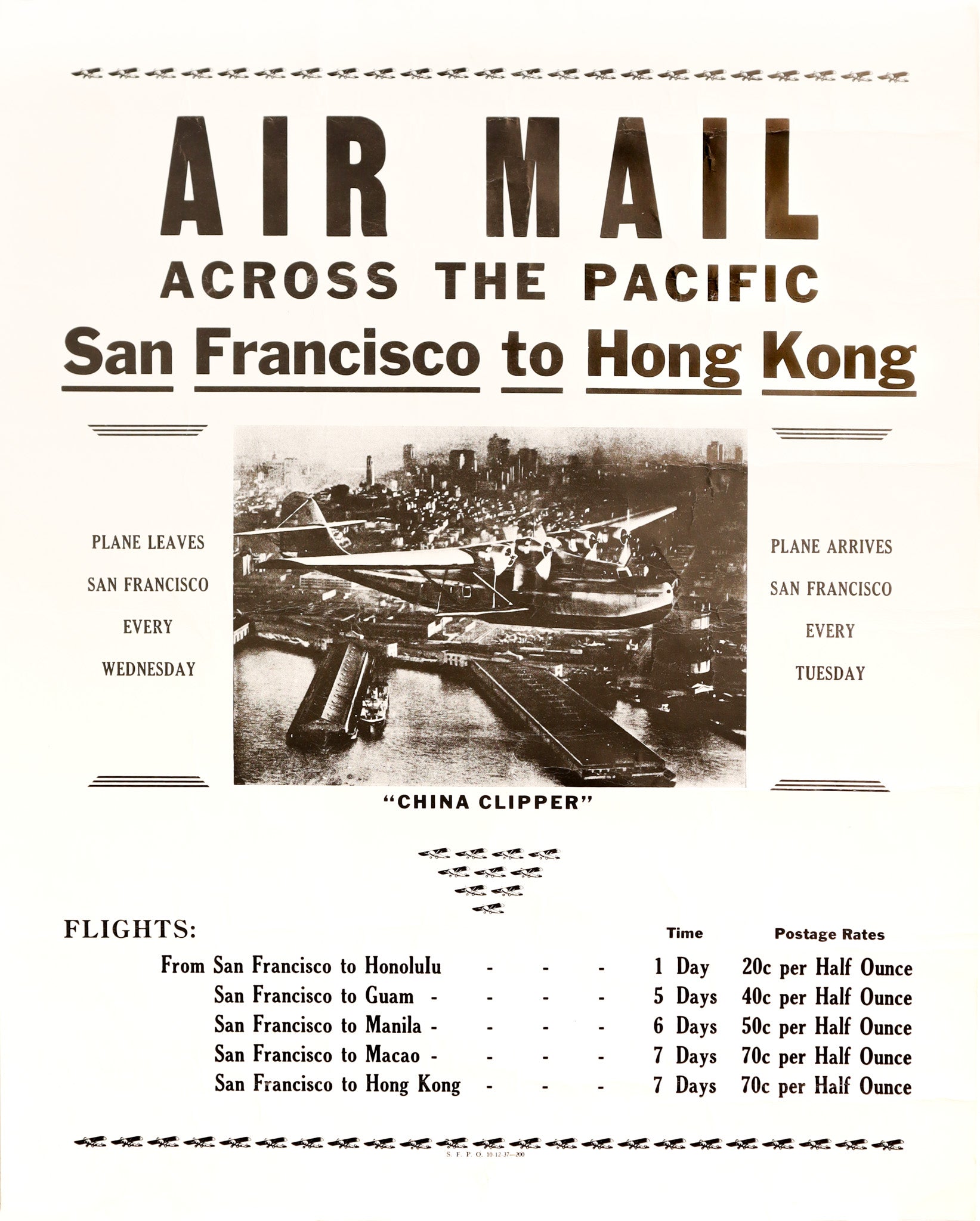 Vintage 1937 Air Mail Poster - San Francisco to Hong Kong Pacific Route Reissue | Retro Aviation Decor for Home, Office & Travel Enthusiasts