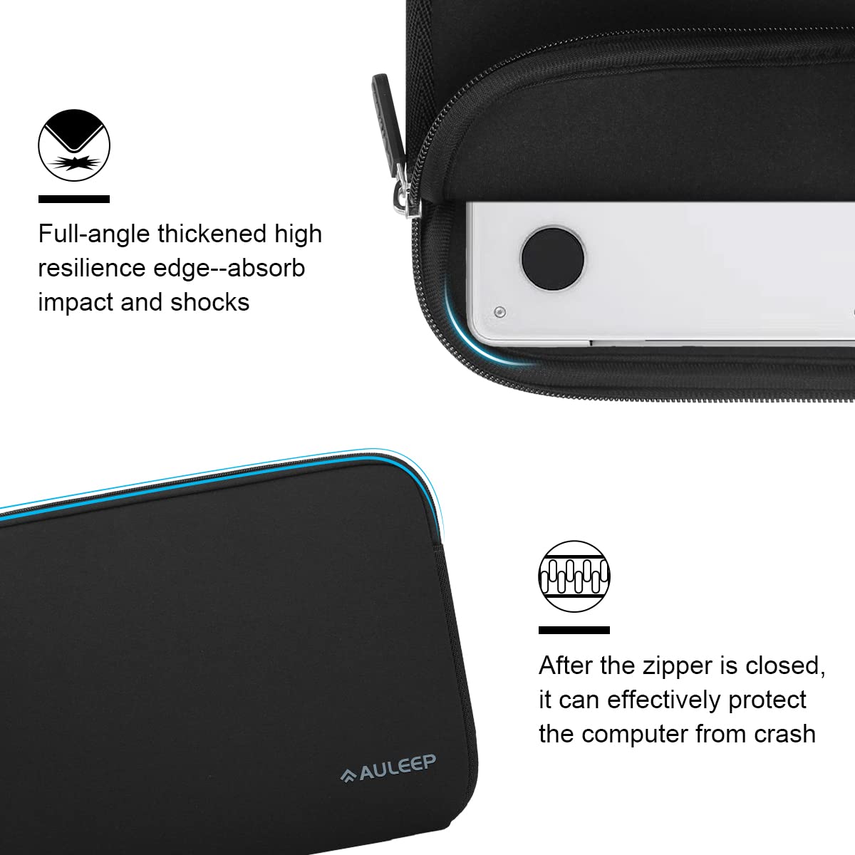 AULEEP 11-12 Inch Neoprene Laptop Sleeve, Water-Resistant Notebook & Tablet Carrying Case for Acer/Asus/Dell/Lenovo/HP, Black - Perfect for Office, School, and Travel