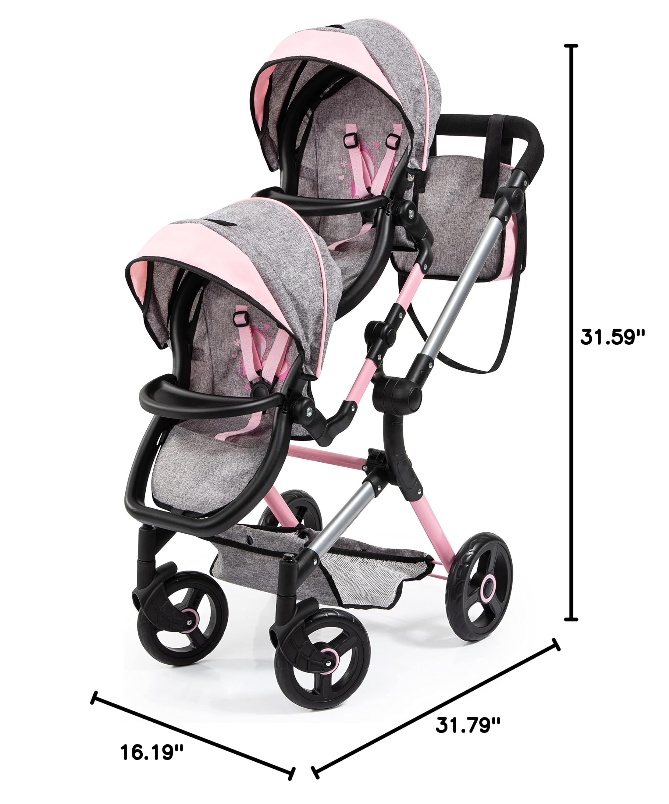 Bayer Twin Doll Stroller Neo - Gray & Pink Butterfly Design, Denim Look - Perfect for Role Play, Pretend Play, and Outdoor Adventures with Kids