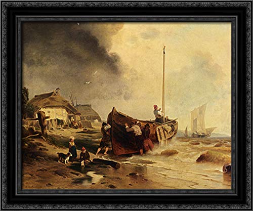 24x20 Black Ornate Wood Framed Canvas Art - Fishing Boat on Beach Painting by Andreas Achenbach - Perfect for Coastal Home Decor, Living Room Wall Art & Nautical Theme Gifts