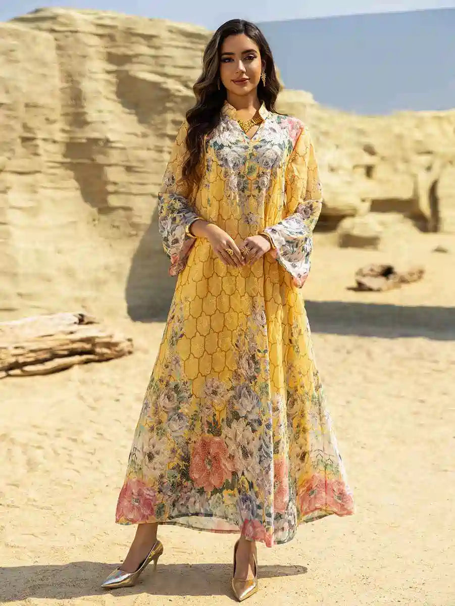 Elegant Eid Dress for Women - Embroidered Caftan Kaftan with Floral Print #25463 - Perfect for Eid Celebrations, Weddings & Special Occasions