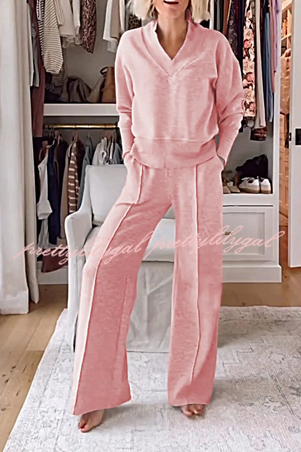 Women's Solid Color V-Neck Top & Elastic Waist Lounge Pants Set with Pockets - Cozy Winter Loungewear for Home, Yoga, and Relaxation