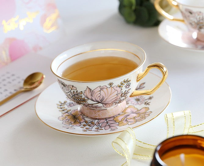 Elegant Ceramic Coffee Cups & British Tea Set with Iris Flower Design - Royal Bone China Porcelain Tea Cup and Saucer Set in Gift Box - Perfect for Afternoon Tea, Gifts, and Home Decor