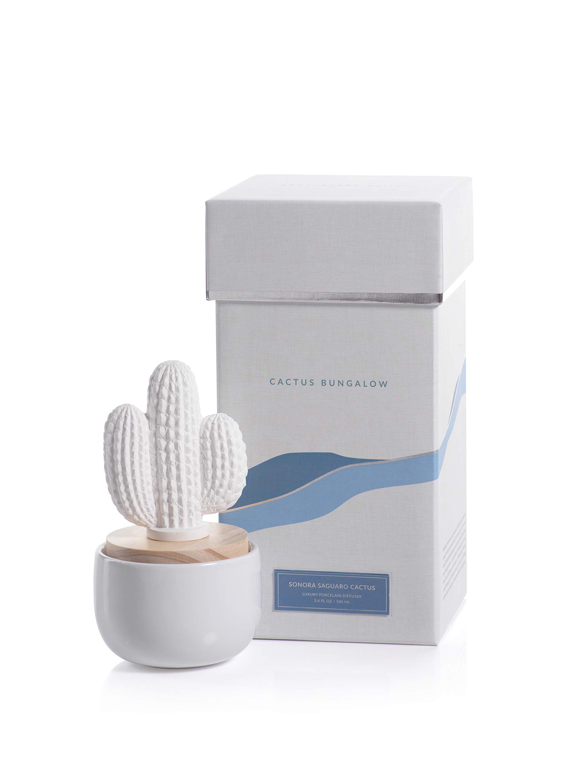 Zodax Bungalow Porcelain Aromatherapy Diffuser - Sonora Saguaro Cactus Design in White & Beige | Essential Oil Diffuser for Home, Office & Spa Relaxation
