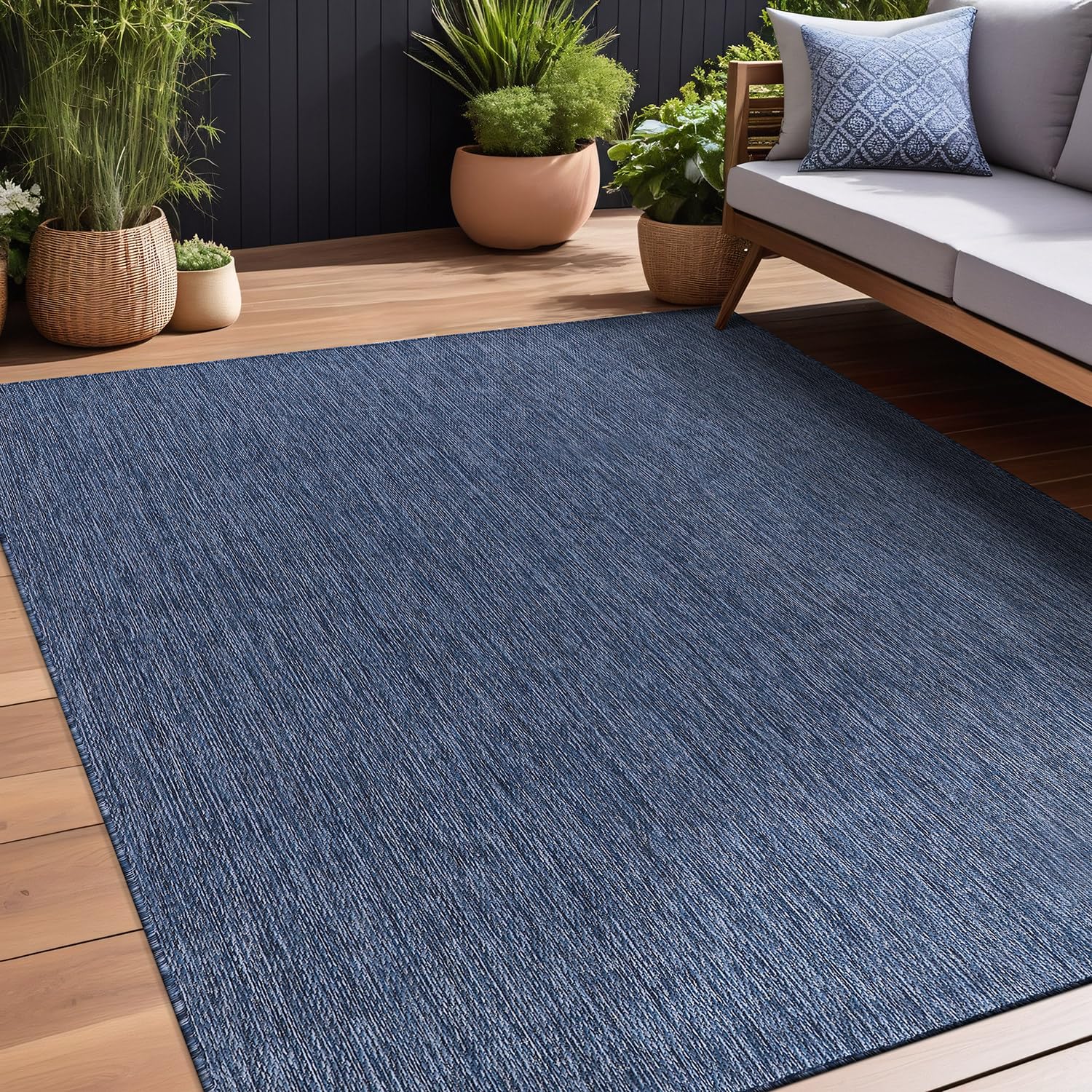 Beverly Indoor Outdoor Rug 6x9 - Washable Water Resistant Modern Area Rug for Patio, Deck, Porch - Solid Azure Blue | Perfect for Backyard, Poolside & Sunroom Decor