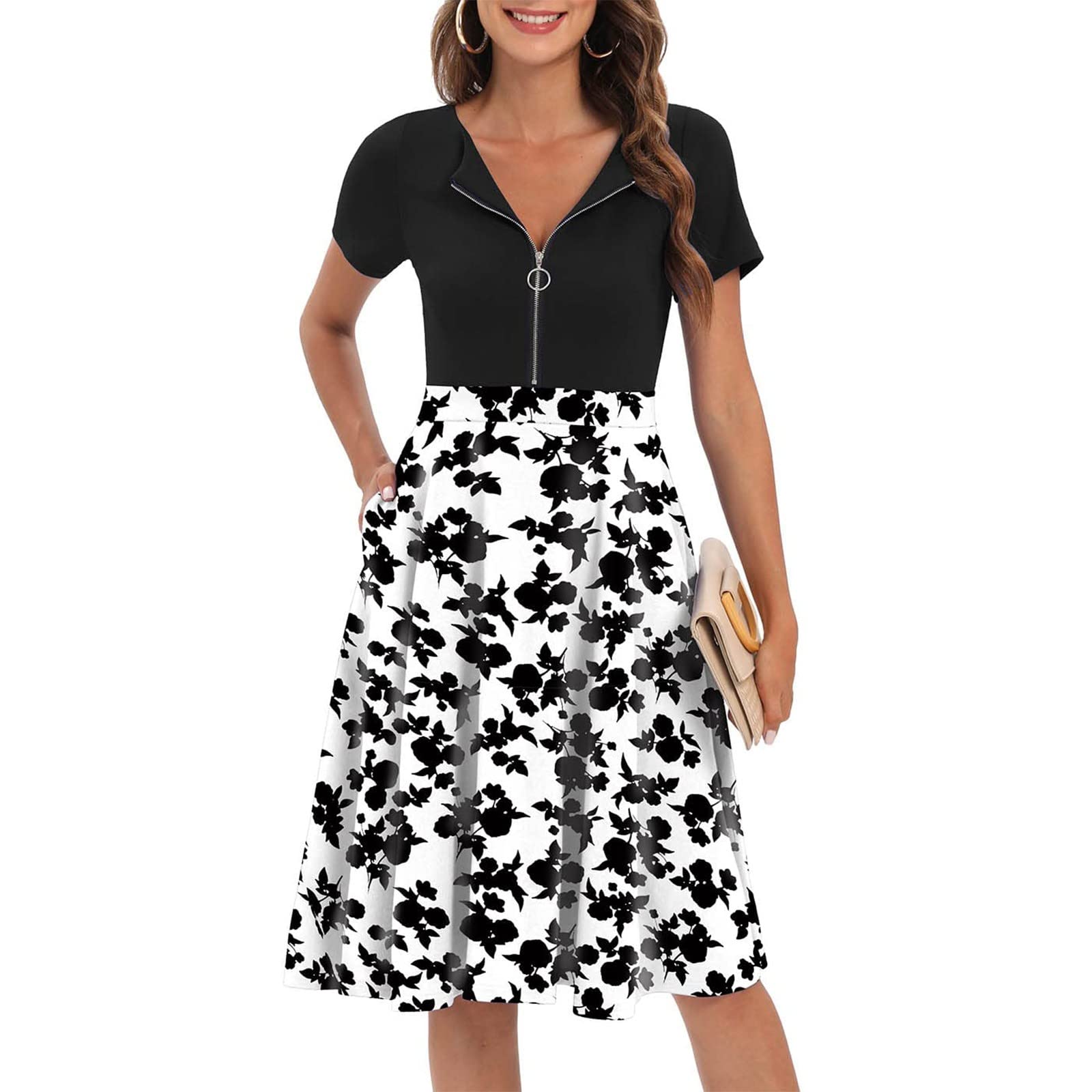 Women's Midi Summer Dresses - Fashion Crewneck Short Sleeve Zipper Swing Party Dress for Elegant & Classy Look | Perfect for Beach Vacations, Garden Parties & Date Nights