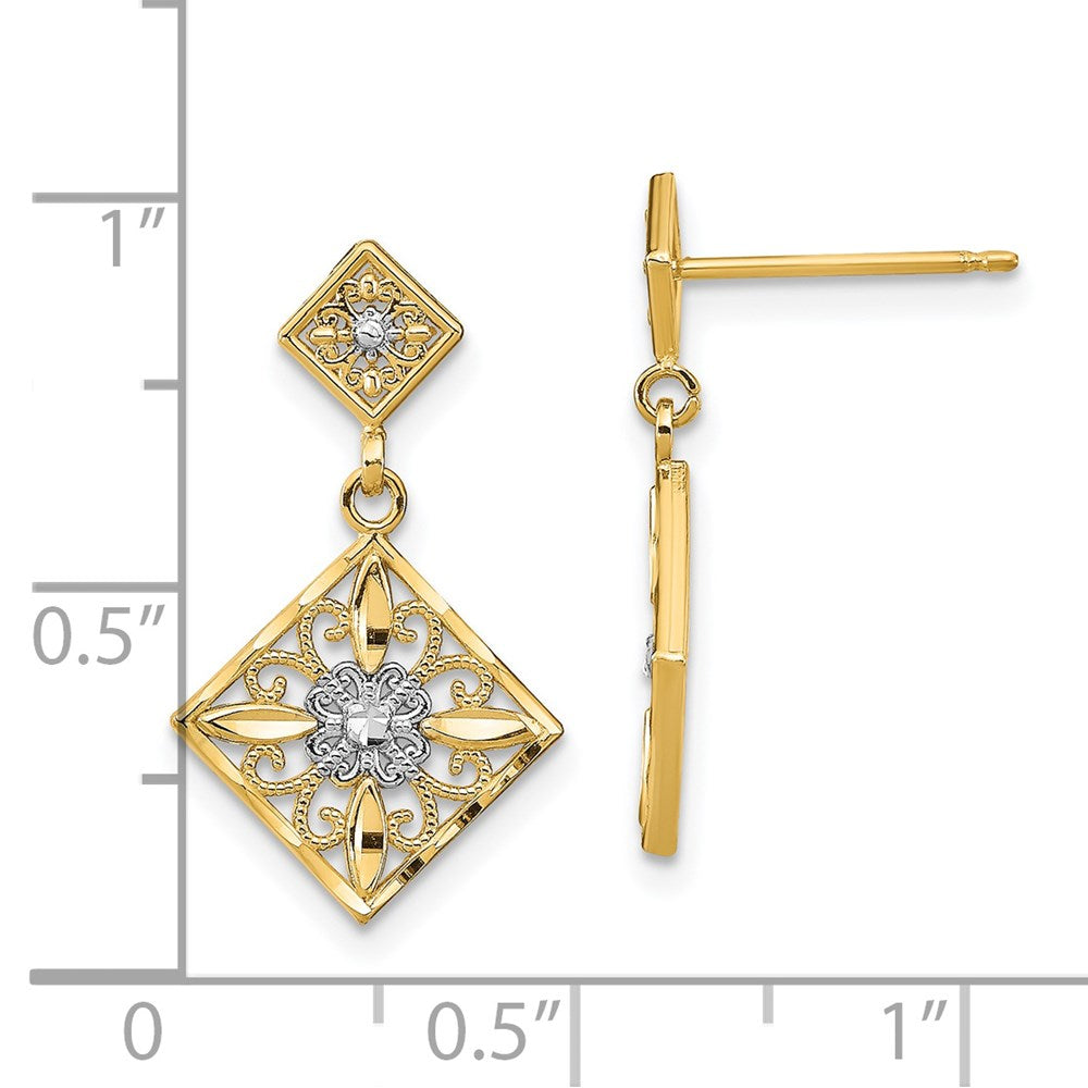 Gold Diamond Cut Square Filigree Dangle Earrings TE934 - Elegant Vintage Jewelry for Women, Perfect for Weddings, Parties & Special Occasions