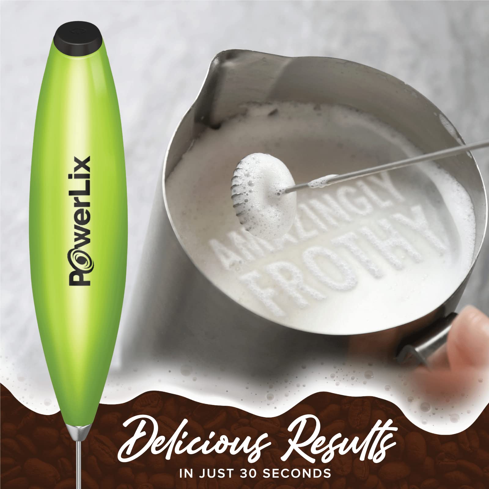 PowerLix Handheld Milk Frother - Battery Operated Foam Maker for Coffee, Latte & Cappuccino - Includes Stand (Black/Green) - Perfect for Home, Office & Travel Use