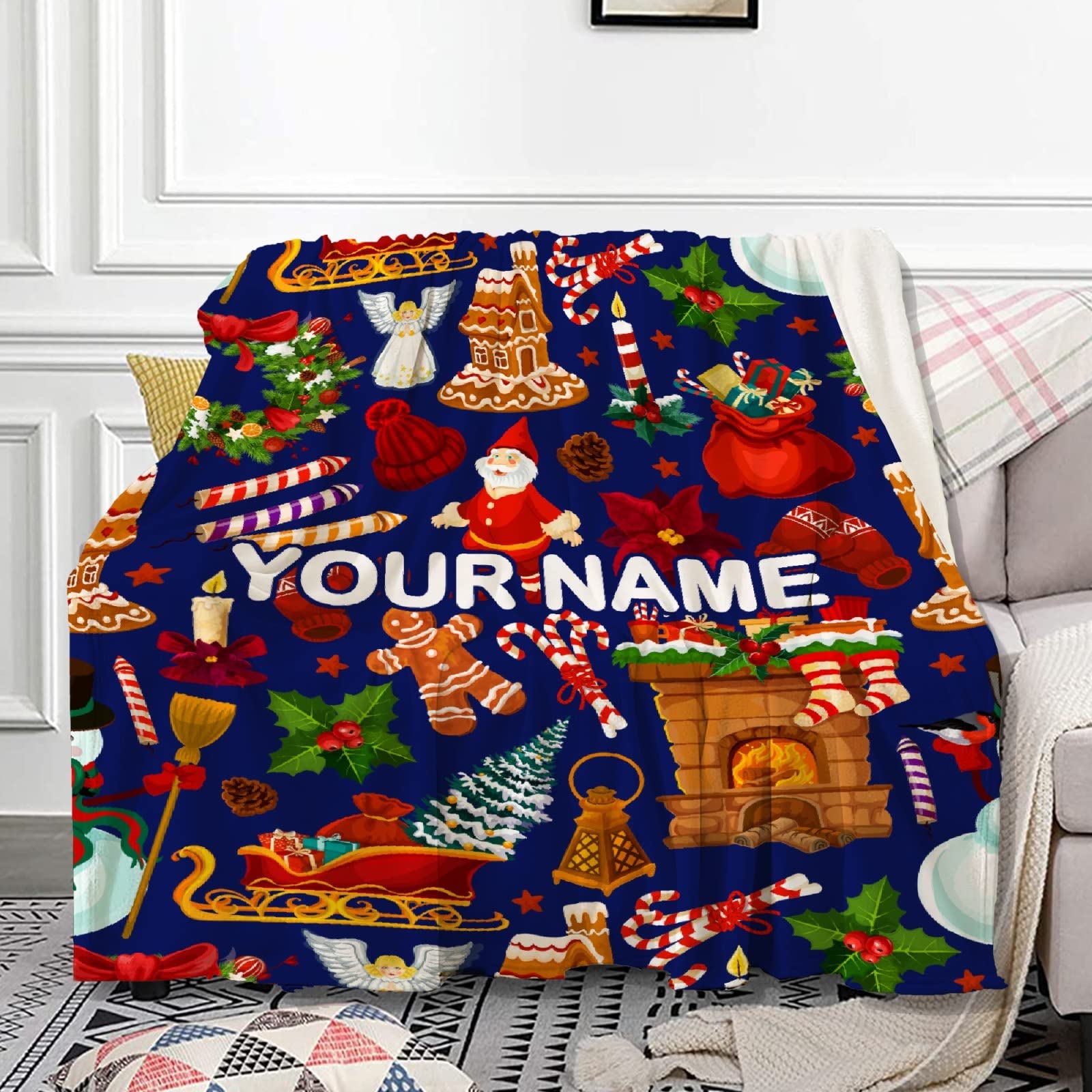 PEEKSTAR Personalized Santa Claus Christmas Throw Blanket - Custom Text Name, Soft Fleece for Couch, Bed & Travel - Cozy Holiday Décor for Home, Camping & Gift Giving
