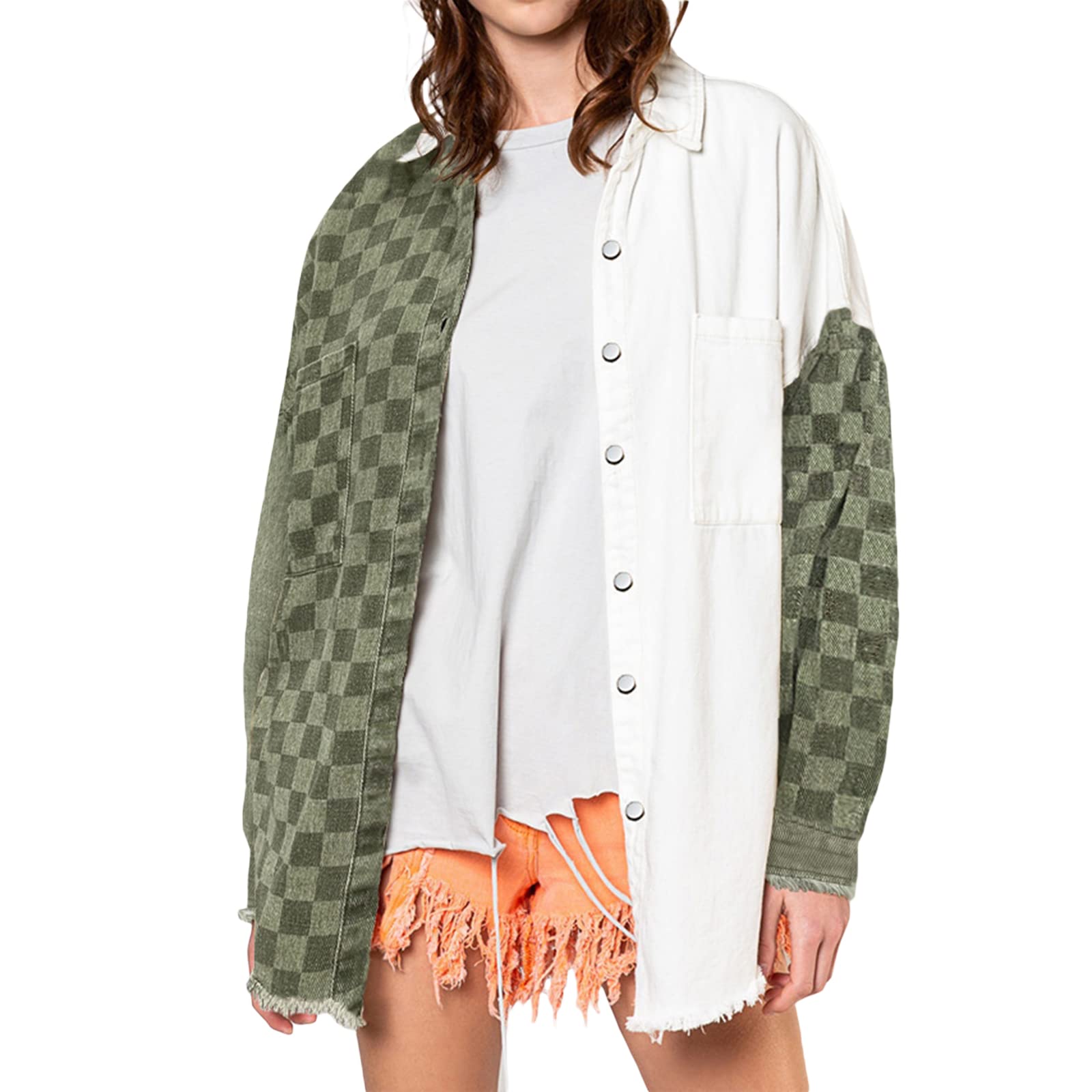 Women's Long Sleeve Button Down Shirt Jacket with Contrast Checkerboard Print & Front Pockets | Casual Office Wear, Spring Fall Layering Outerwear