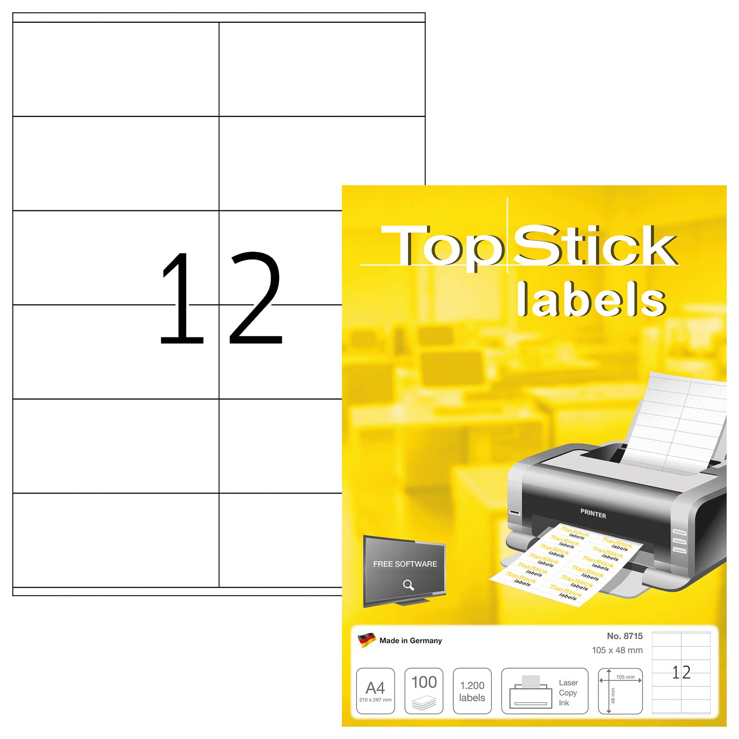 1200 White Multipurpose Labels - 105 x 48mm Blank Sticky Labels for Laser & Inkjet Printers | 100 Sheets Universal Adhesive Labels for Shipping, Address, Filing & Organization