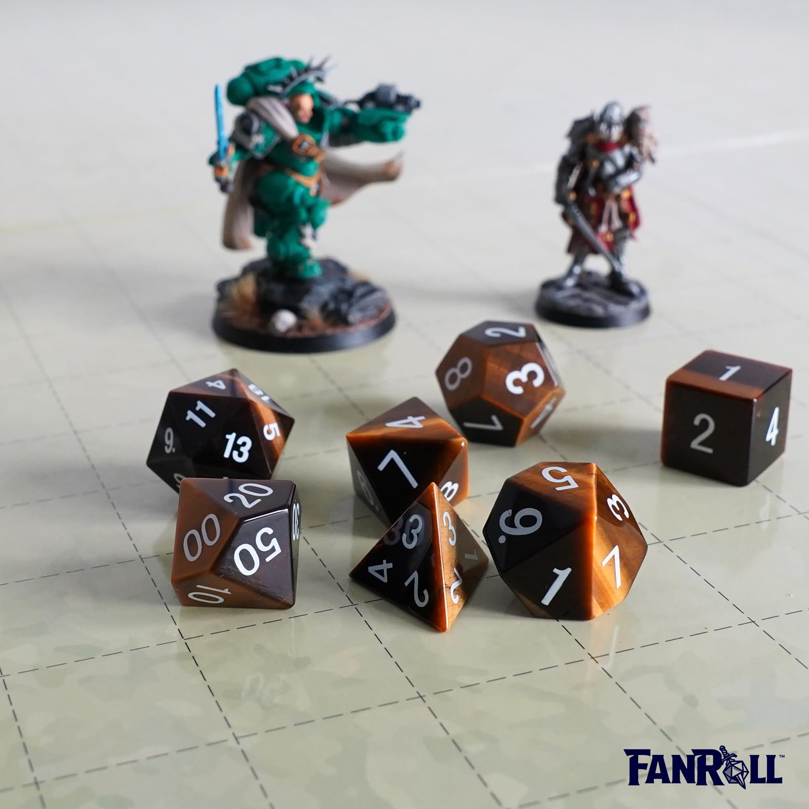 FanRoll 16mm Stone Polyhedral DND Dice Set - Handcrafted Tiger's Eye Gemstone Dice for Dungeons & Dragons RPG | Perfect for Tabletop Gaming, D&D Campaigns & Collector Displays