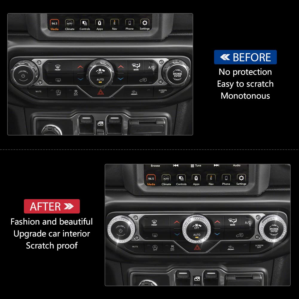 PIFOOG Bling AC Knob Covers for Jeep Wrangler JL JLU & Gladiator JT 2018-2022 - Crystal Zinc Alloy Air Conditioner Switch Decals (3PCS) - Car Interior Accessories for Stylish Customization & Off-Road Adventures