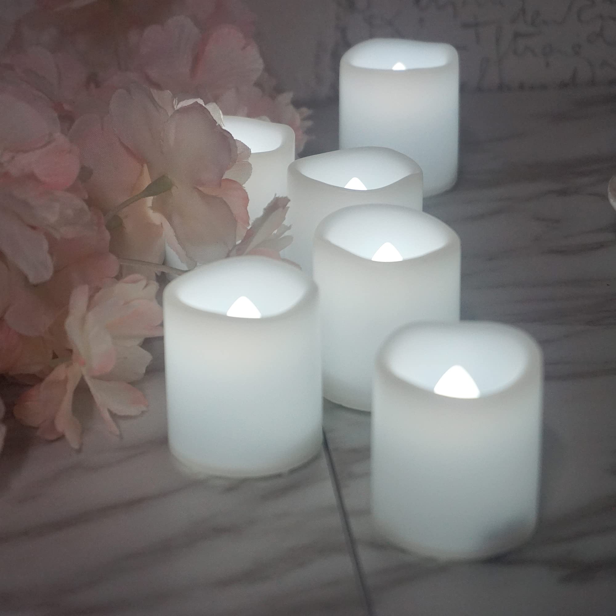 Battery Operated Flameless Votive Candles - 6 Pack LED Tea Lights with Timer & Realistic Flickering Effect for Wedding, Party, Halloween & Christmas Decor - Long Lasting Battery Included - Perfect for Centerpieces, Table Settings & Holiday Displays