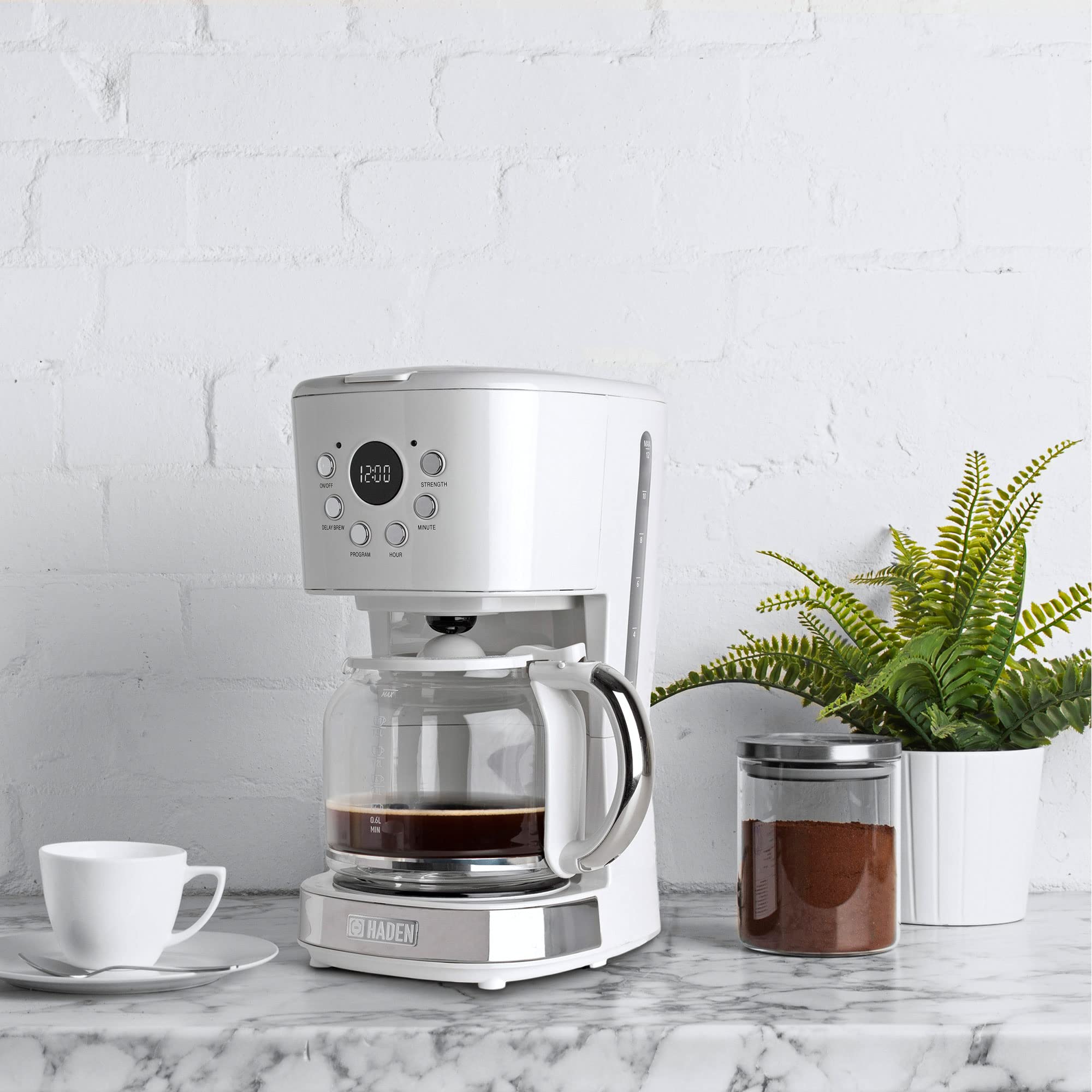 HADEN 12 Cup Programmable Drip Coffee Maker with Auto Shut-Off - Stainless Steel & Ivory Coffee Machine for Home & Office Use
