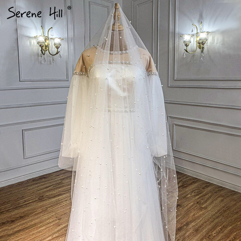 Serene Hill Ivory A-Line Sexy Evening Dresses for Women 2025 - Beaded Pearl Lantern Sleeve Gowns for Parties, Prom & Formal Events | LA71190