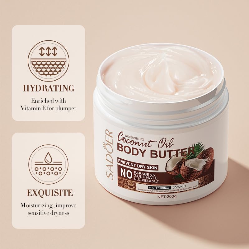 Organic Coconut Body Butter for Dry Skin - 24-Hour Deep Moisturizing Hand & Body Cream with Natural Coconut Oil for Smooth, Radiant Skin | Perfect for Daily Hydration, Winter Skin Care & Post-Shower Moisturizing