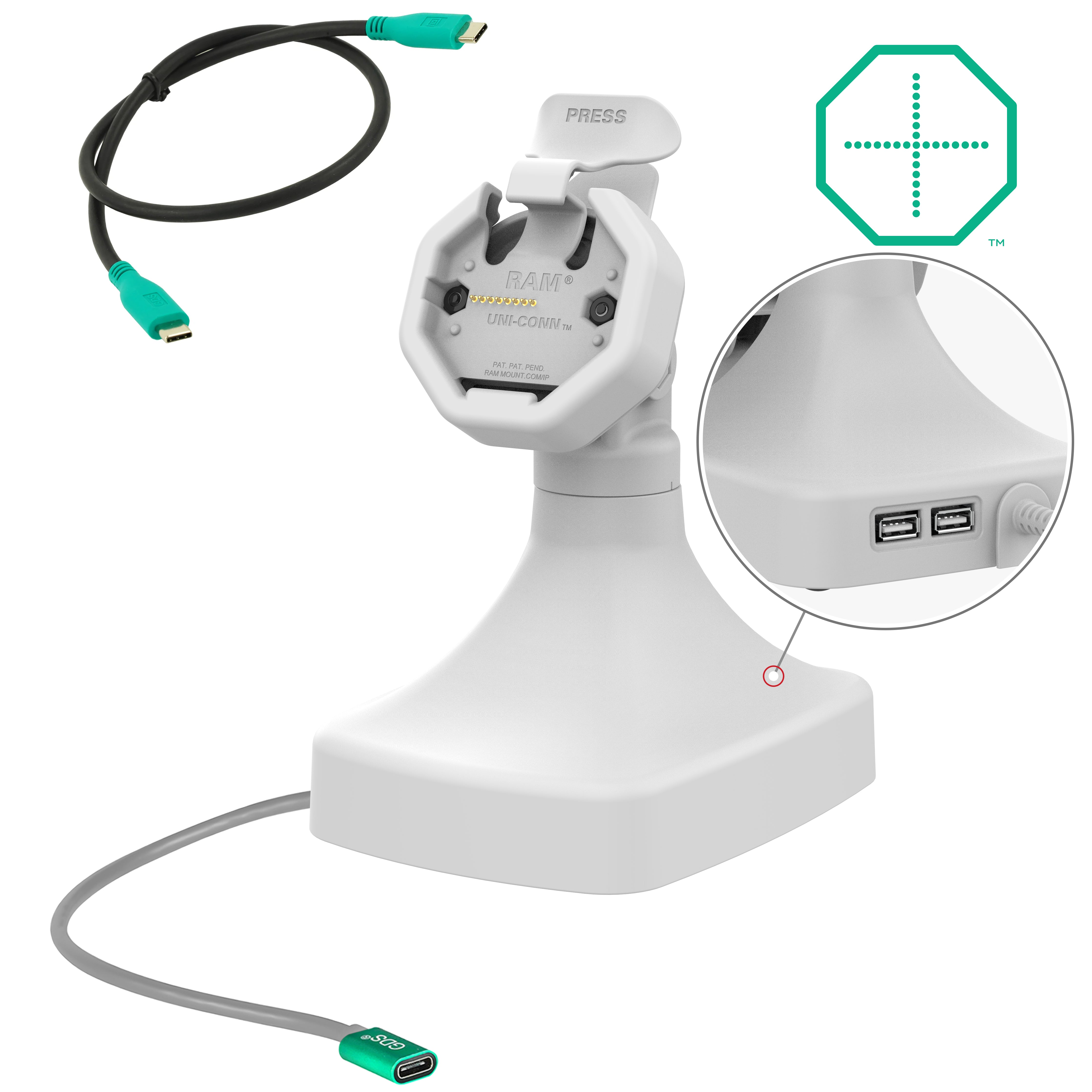 GDS® Uni Conn™ Powered Tilt & Swivel Dock with USB-C 3.0 & Data Port - Gray (RAM GDS DOCK D14 U3C 2A GRY) - Perfect for Office Workstations & Home Desktops