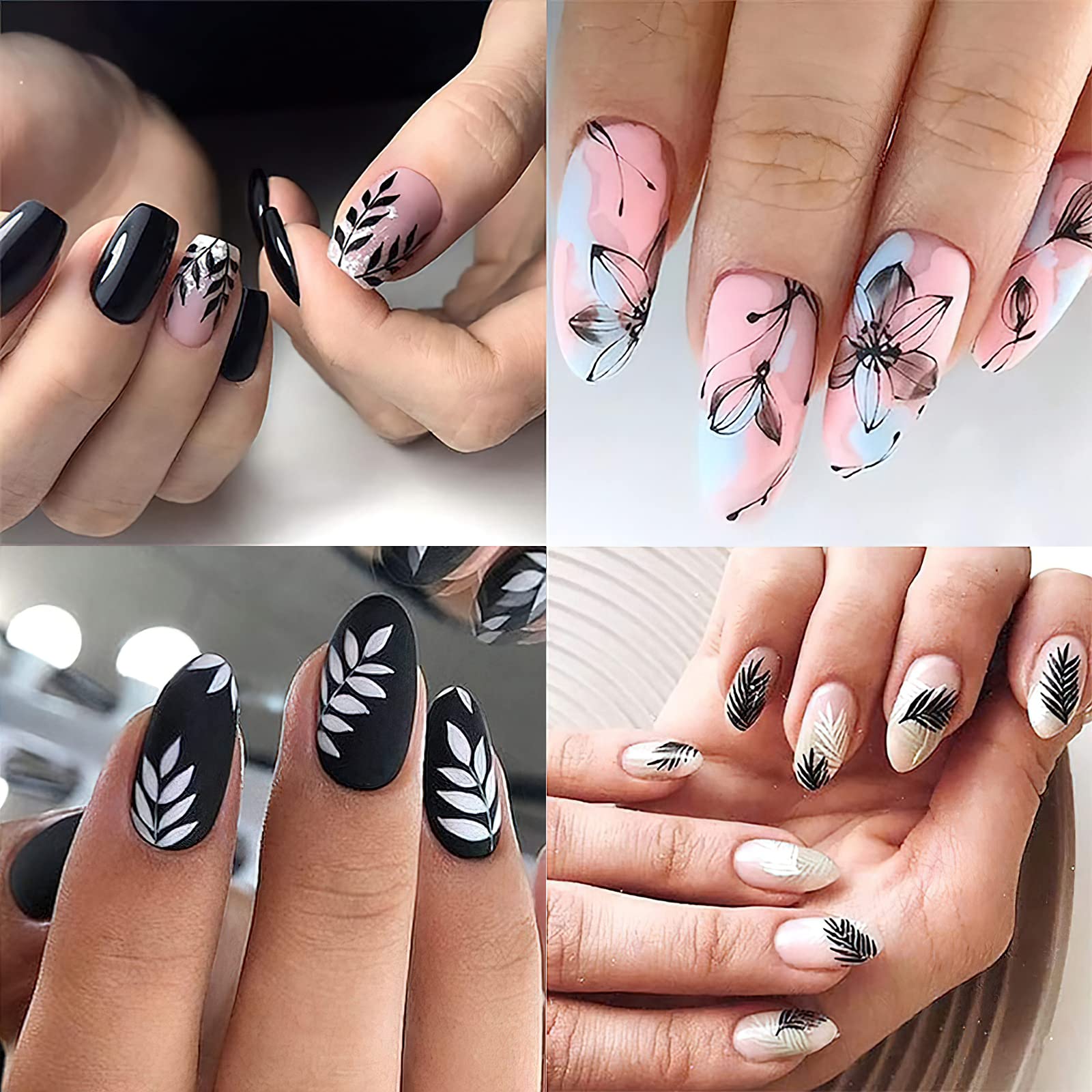 MWOOT 9 Sheets Black White Nail Stickers - 3D Self-Adhesive Nail Art Decals with Maple Leaf, Flower & Retro Pink Vine Designs for DIY Manicure, Nail Salon & Home Nail Decoration