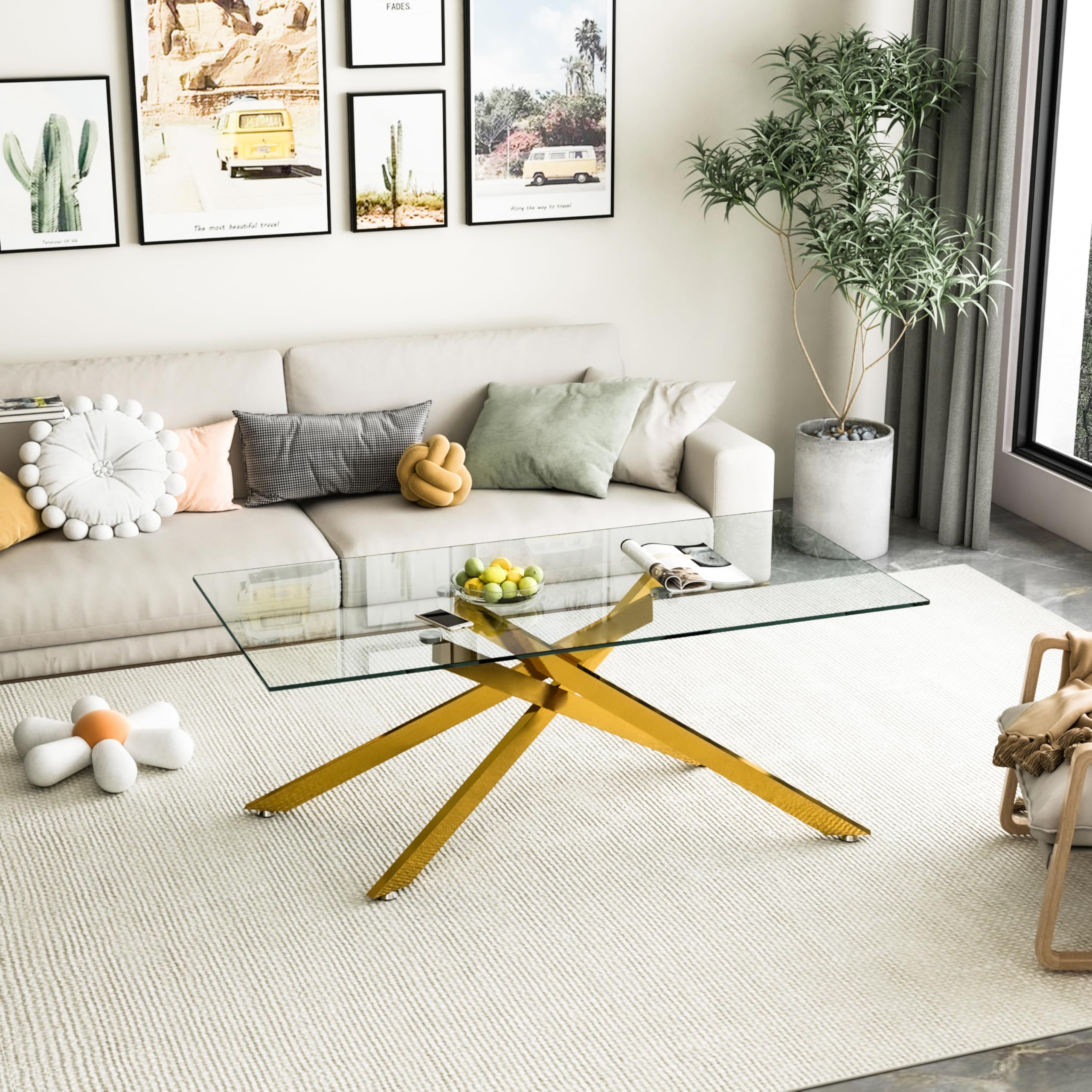 Modern Glass Gold Coffee Table Set of 2 - 47.2 Inch Clear Center Cocktail Tables with Stainless Steel Legs - Living Room, Lounge & Office Side/End Tables (Gold, 2-Piece Set) for Home Decor & Entertaining