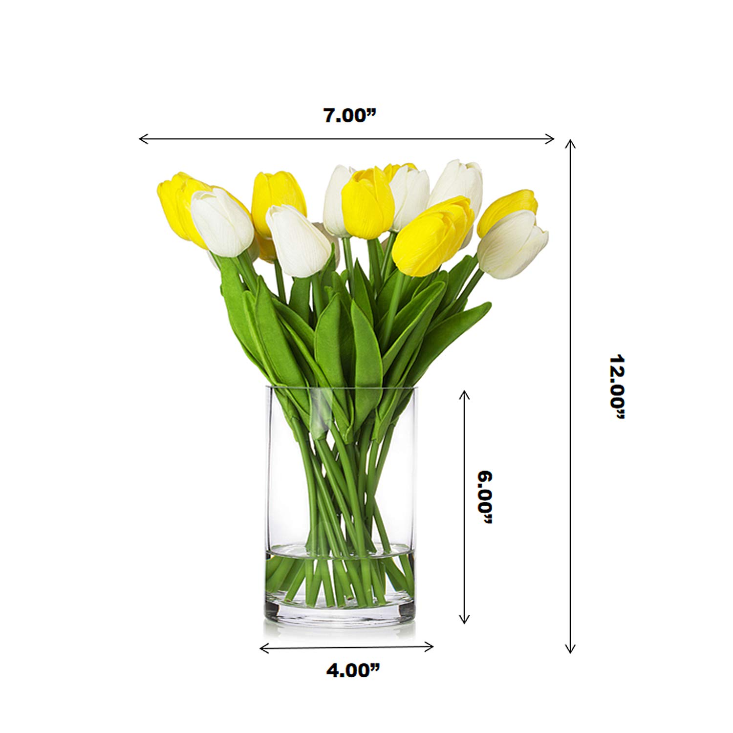 ENOVA HOME 20-Piece Real Touch Artificial Tulip Flowers in Glass Vase with Faux Water - White & Yellow Silk Tulips for Wedding Centerpieces, Home Decor, Office, Dining Table & Spring Decorations